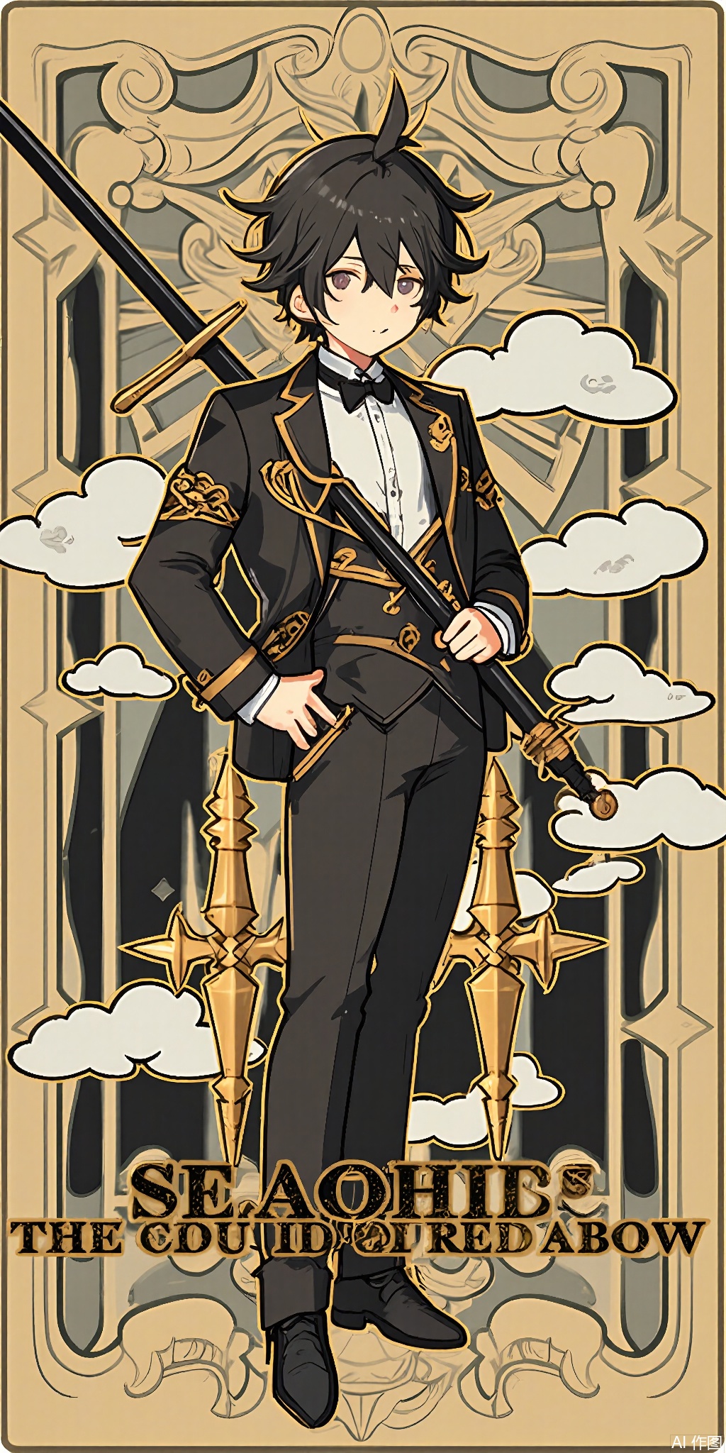 TLP, Anime - style drawing of a black - haired boy with a side - swept fringe. He's wearing a sleek black and gold suit with a dragon - shaped lapel pin. He's clutching a chessboard and a sword. The background is an ornate pattern of black and gold dragons and clouds, akin to a tarot card. The boy has a sharp and confident expression and stands with his hands on his hips, looking down at the chessboard. The art style is clean and detailed, with a fantasy theme.