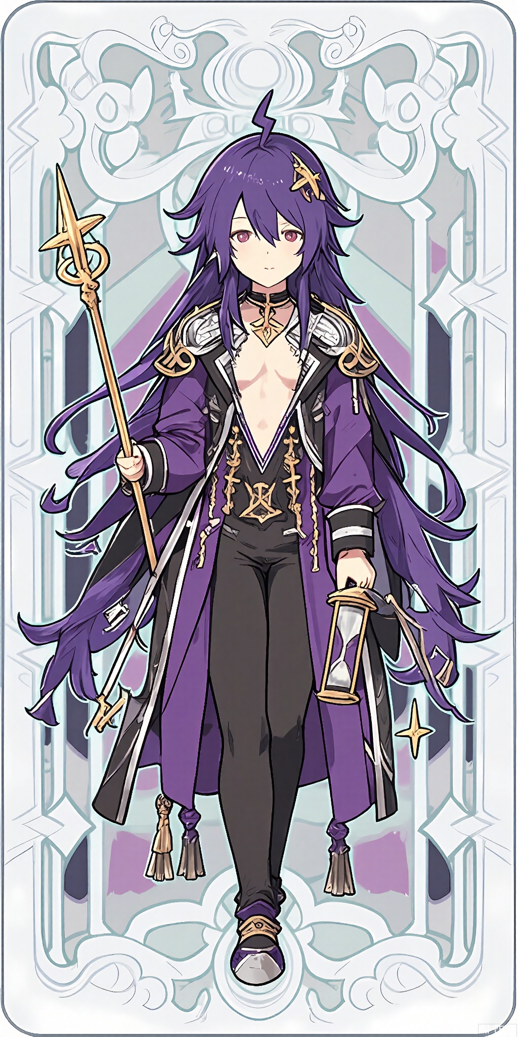 TLP, Anime - style drawing of a purple - haired boy with long, flowing locks. He's dressed in a deep purple and silver gothic - inspired outfit with a star - shaped brooch. He's clutching a hourglass and a wand. The background is an intricate design of purple and silver swirls and symbols, akin to a tarot card. The boy has a calm yet focused expression and stands tall, his posture radiating self - assurance. The art style is clean and detailed, with a fantasy theme.


