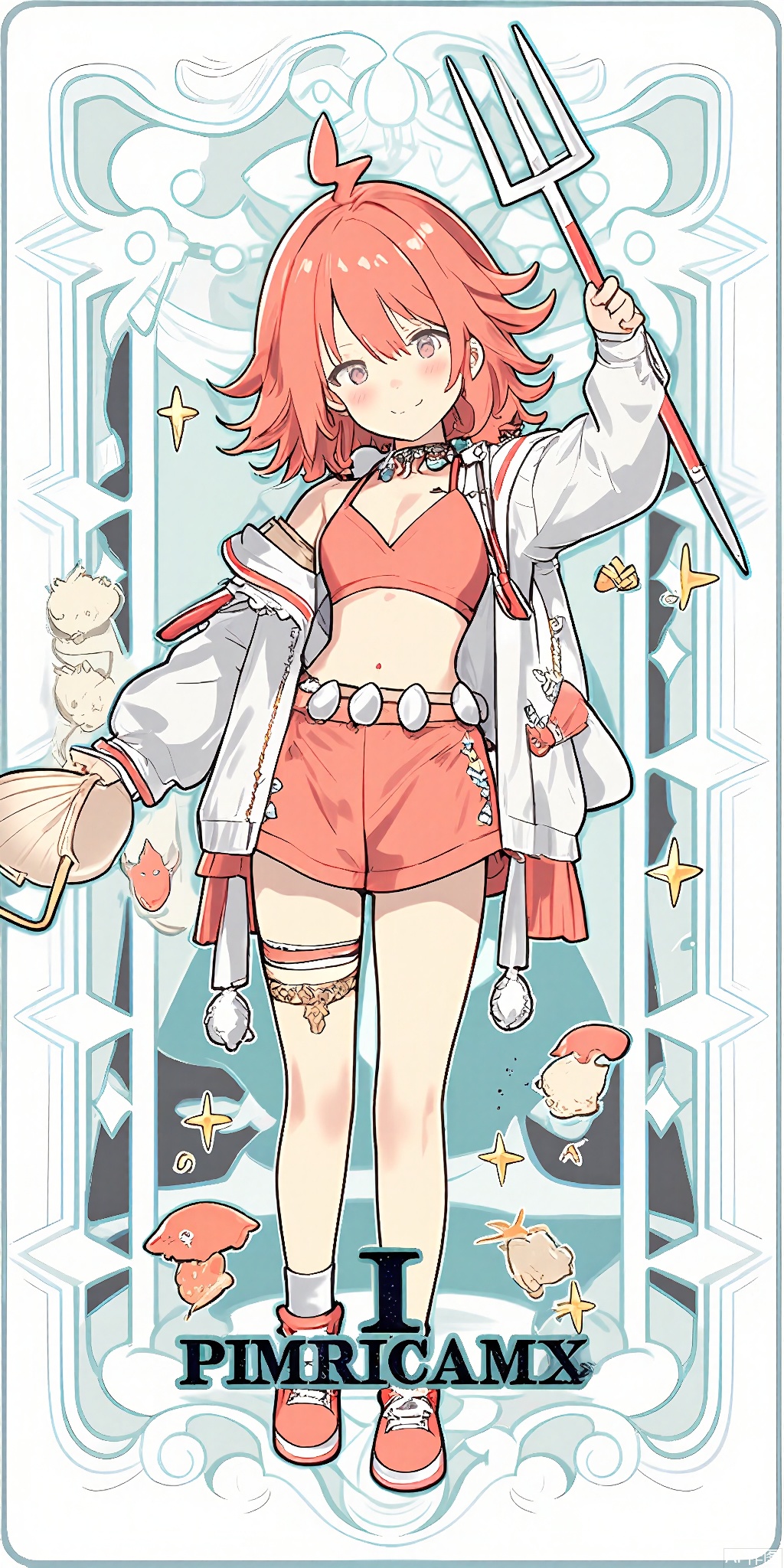TLP, Anime - style drawing of a coral - haired girl with a pixie cut. She's wearing a trendy coral and white crop top and shorts with a belt of seashells. In her hands, she holds a conch shell and a trident. The background is a delicate pattern of coral and white ocean waves and fish, resembling a tarot card. The girl has a playful and confident expression and stands with her trident raised, ready to explore the sea. The art style is clean and detailed, with a fantasy theme.
