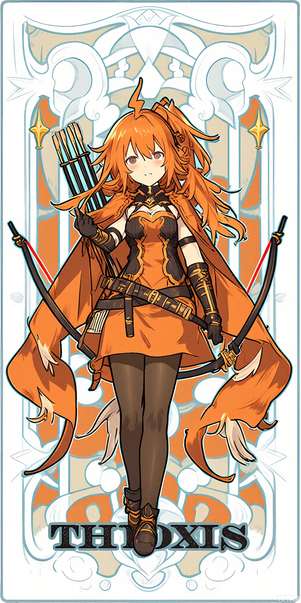 TLP, Anime - style drawing of a orange - haired girl with a high ponytail. She's wearing a vibrant orange and brown leather armor with a feather - trimmed cape. In her grasp, she holds a bow and a quiver of arrows. The background is a detailed design of orange and brown autumn leaves and branches, resembling a tarot card. The girl has a fierce and determined expression and stands ready to draw her bow, her confidence unwavering. The art style is clean and detailed, with a fantasy theme.
