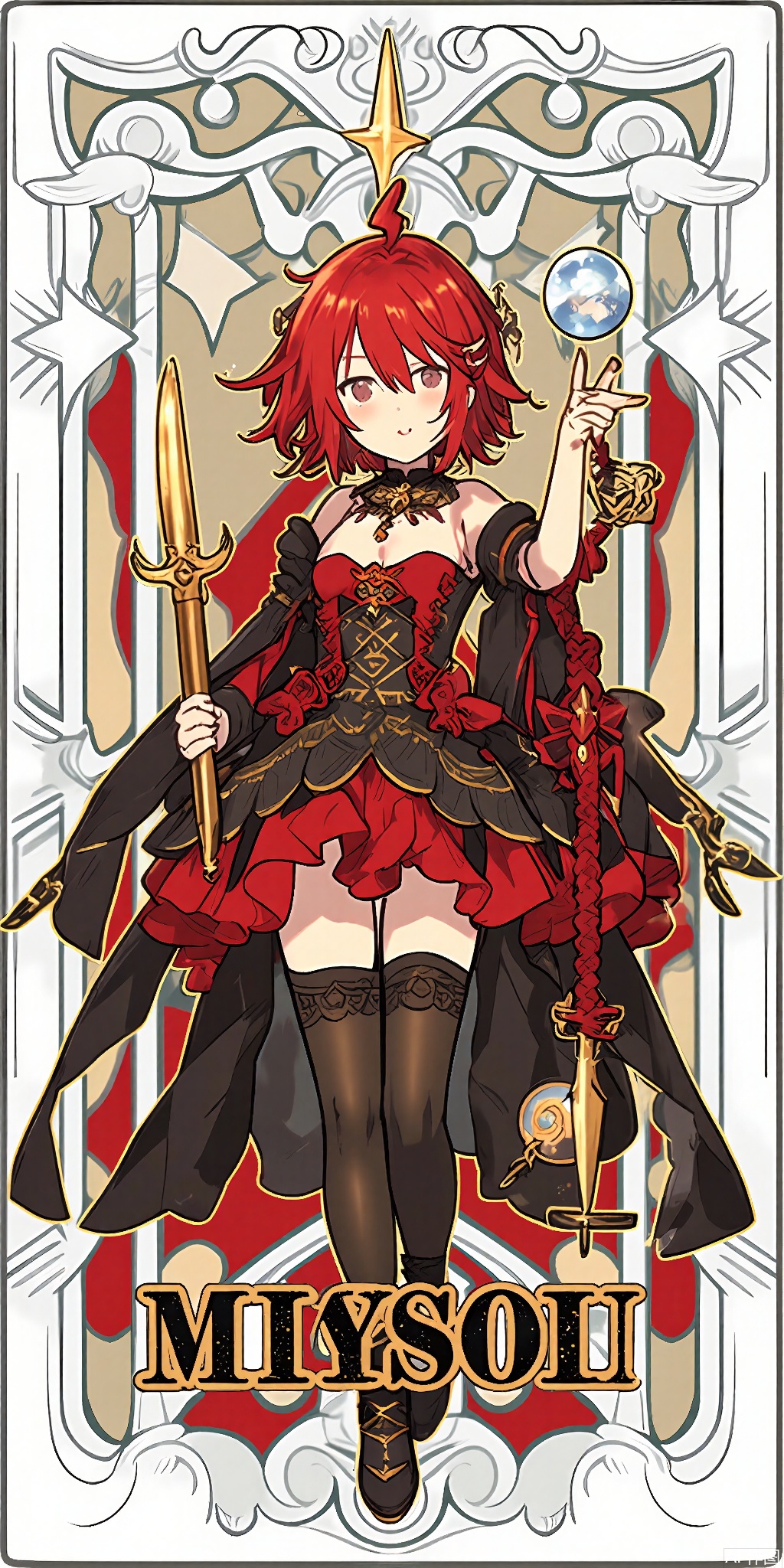 TLP, Anime - style drawing of a red - haired girl with short, spiky hair. She's wearing a crimson and black Victorian - style dress with lace trims and a crescent - shaped pendant around her neck. In her hands, she holds a crystal ball and a dagger. The background is a highly detailed, ornate pattern with red and gold colors, resembling a tarot card. The girl has a determined expression and stands with her feet firmly planted, exuding confidence. The art style is clean and detailed, with a fantasy theme.

