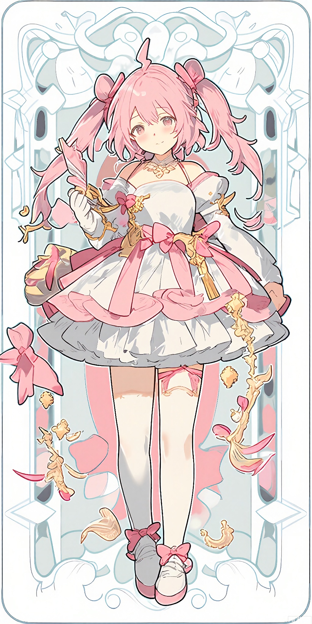 TLP, Anime - style drawing of a pink - haired girl with twin buns. She's wearing a pastel pink and white frilly dress with a ribbon - tied belt. In her grasp, she holds a fan and a small, enchanted book. The background is a delicate pattern of pink and white flowers and vines, resembling a tarot card. The girl has a sweet and serene expression and stands gracefully, her confidence shining through. The art style is clean and detailed, with a fantasy theme.