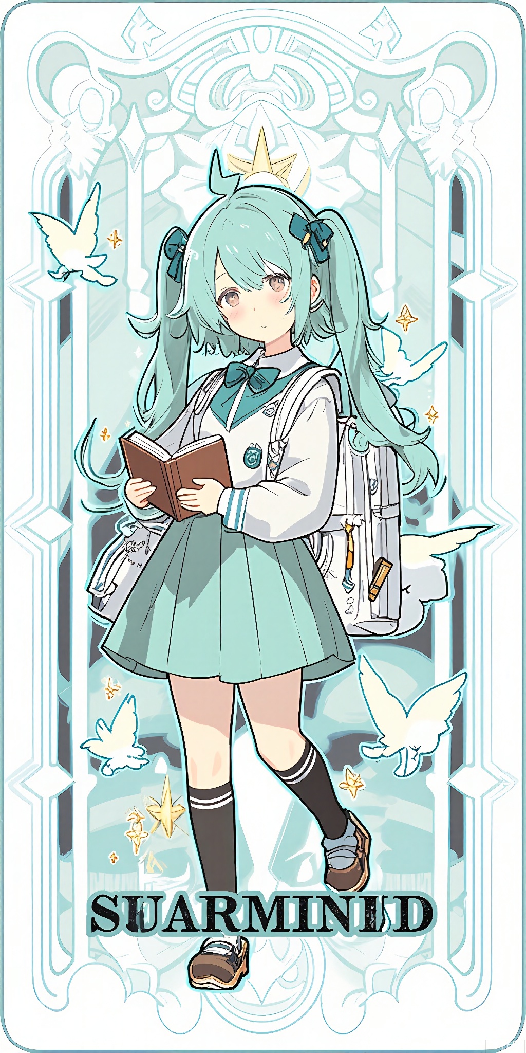 TLP, Anime - style drawing of a mint - haired girl with pigtails tied with ribbons. She's wearing a cute mint and white school uniform with a backpack. In her grasp, she holds a textbook and a pen. The background is a detailed design of mint and white clouds and birds, resembling a tarot card. The girl has a studious and confident expression and stands with her book in hand, ready to learn. The art style is clean and detailed, with a fantasy theme.