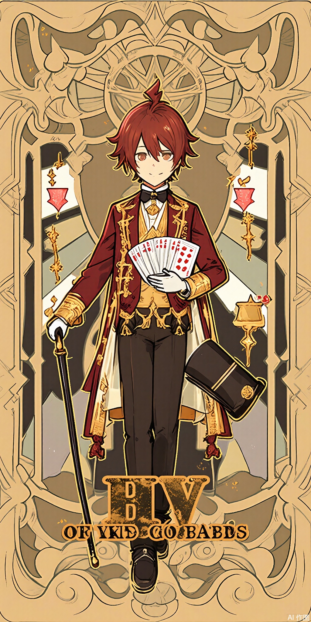 TLP, Anime - style drawing of a mahogany - haired boy with a pompadour. He's wearing a flashy mahogany and gold outfit with a cane. He's holding a deck of cards and a top hat. The background is a complex pattern of mahogany and gold playing cards and casino chips, similar to a tarot card. The boy has a charming and confident expression and stands with his cane in hand, ready to deal the cards. The art style is clean and detailed, with a fantasy theme.