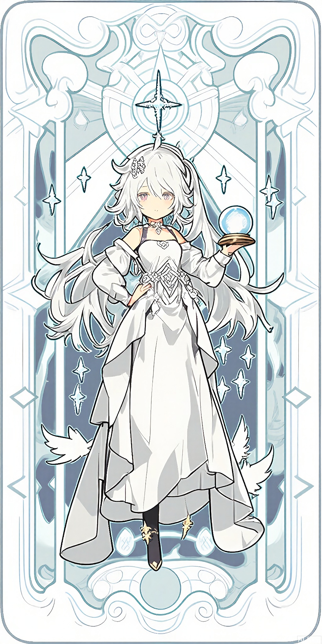 TLP, Anime - style drawing of a white - haired girl with long, wavy hair. She's wearing an elegant white and silver gown with a snowflake - shaped hairpin. In her hands, she holds a snow globe and a staff topped with a crystal. The background is a detailed design of white and blue ice crystals and frost patterns, resembling a tarot card. The girl has a tranquil and confident expression and stands in a regal pose, her presence commanding. The art style is clean and detailed, with a fantasy theme.