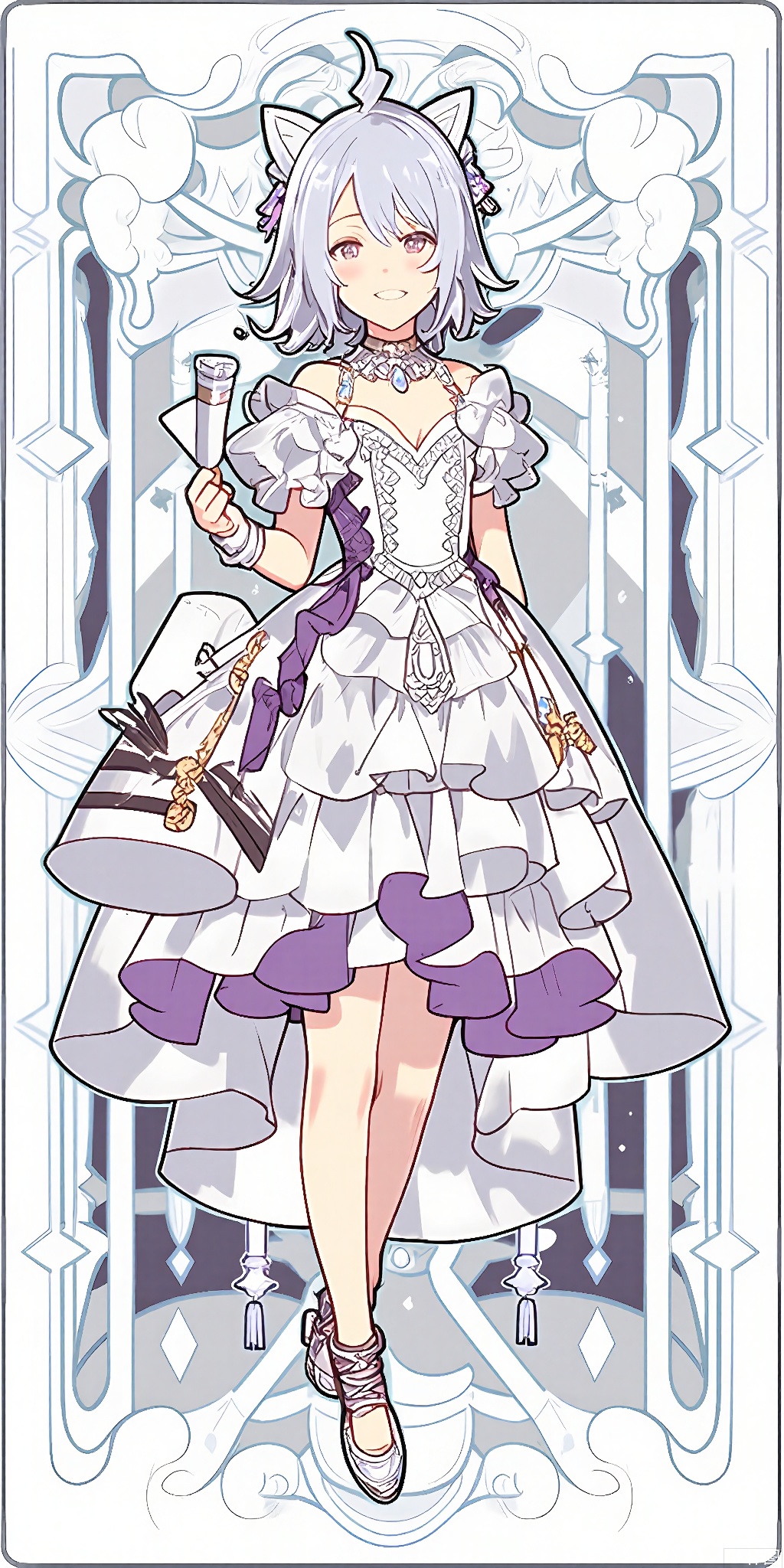 TLP, Anime - style drawing of a lilac - haired girl with a high bun. She's wearing an elegant lilac and white ball gown with a diamond - shaped necklace. In her grasp, she holds a fan and a small, musical box. The background is a complex pattern of lilac and white musical notes and instruments, resembling a tarot card. The girl has a graceful and confident expression and stands with her fan open, ready to dance. The art style is clean and detailed, with a fantasy theme.