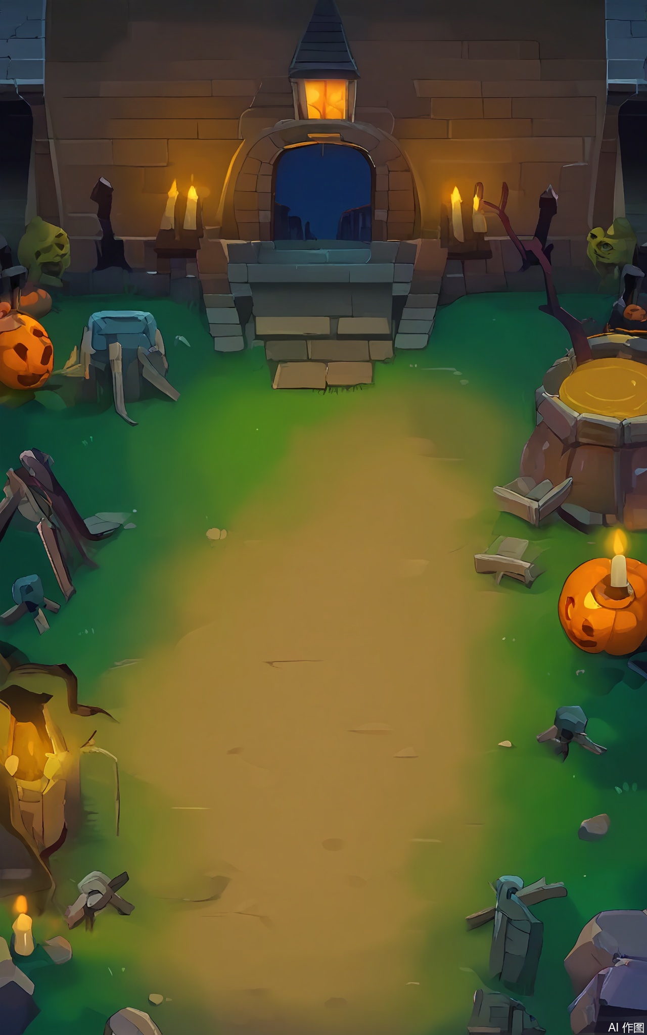 FSJ, A digital illustration of a top - down Halloween game scene. The central focus is a large, stone well in the middle of a deserted village square. On either side of the well, there are two small, goblin - like creatures peeking out from behind barrels. The square is surrounded by dilapidated houses with broken roofs. Yellow - glowing candles are placed in the windows of the houses, and there are some old, rusty lanterns on the ground. The sky is a deep, indigo color, and the atmosphere is eerie and festive. The style is reminiscent of a children's Halloween book.
