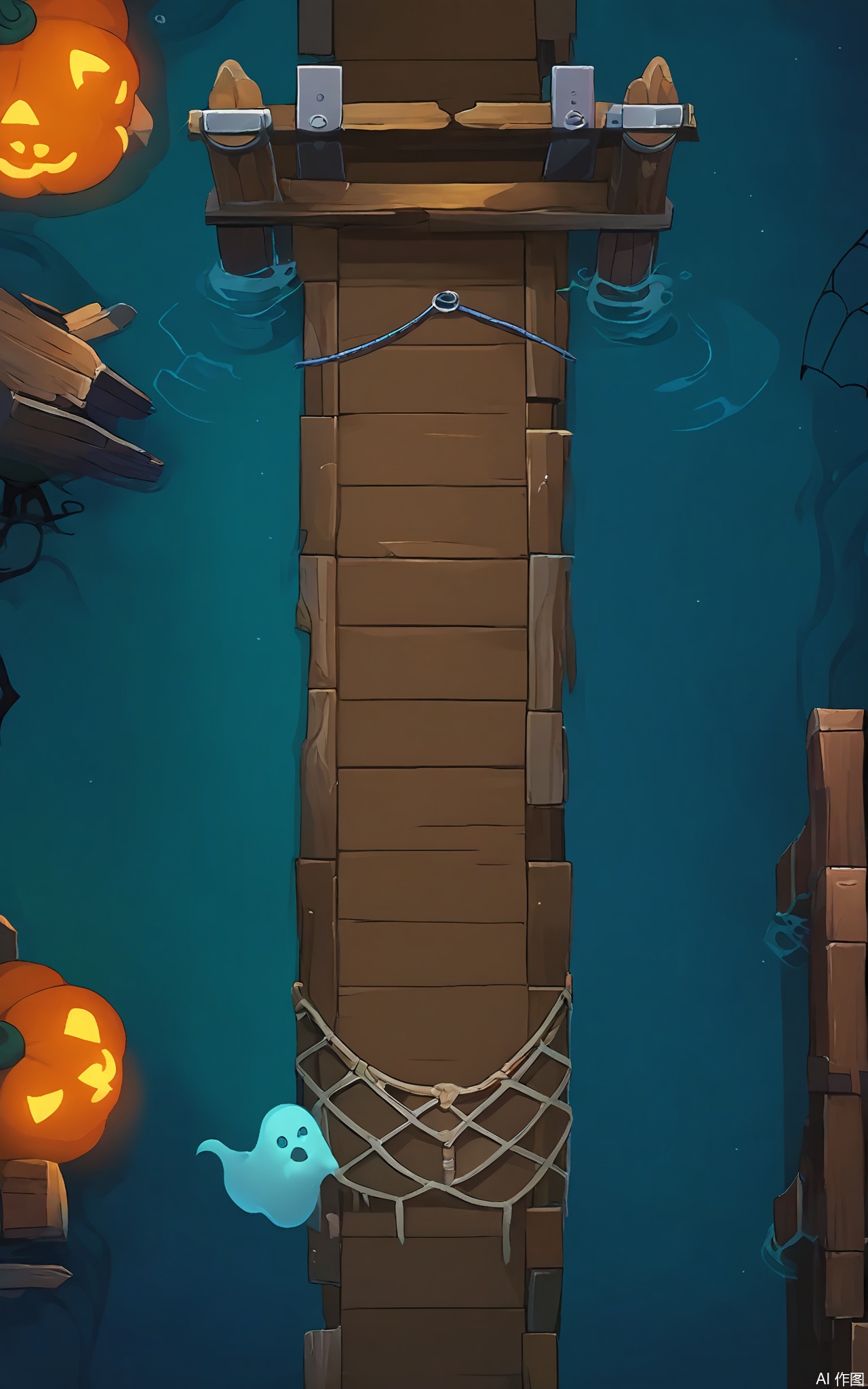 FSJ, A digital illustration of a top - down Halloween game scene. The centerpiece is a long, wooden pier extending into a dark lake. On either side of the pier, there are two small, water - ghost - like creatures rising out of the water. The lake is filled with floating, glowing orbs, and there are some old, sunken boats in the distance. There are also some fishing nets hanging from the pier. The sky is a deep, navy - blue color with a few faint stars, and the atmosphere is eerie and festive. The style is reminiscent of a children's Halloween book.
