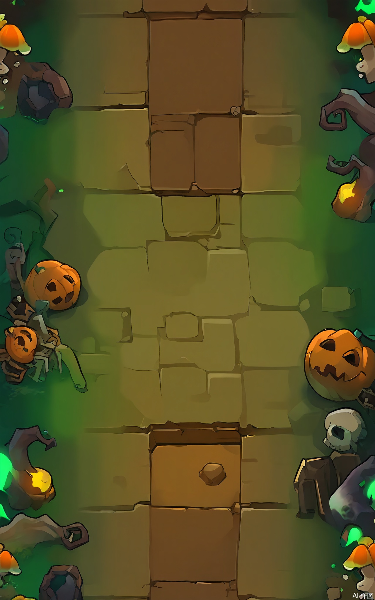 FSJ, A digital illustration of a top - down Halloween game scene. The centerpiece is a long, underground tunnel with a faint, green glow. On either side of the tunnel entrance, there are two small, mole - ghost - like creatures digging. The tunnel is filled with old, cobweb - covered bones and glowing mushrooms. There are also some old, rusty shovels and picks lying around. The sky is not visible as it's underground, but the walls have a dark, gray - green color, and the atmosphere is eerie and festive. The style is reminiscent of a children's Halloween book.
