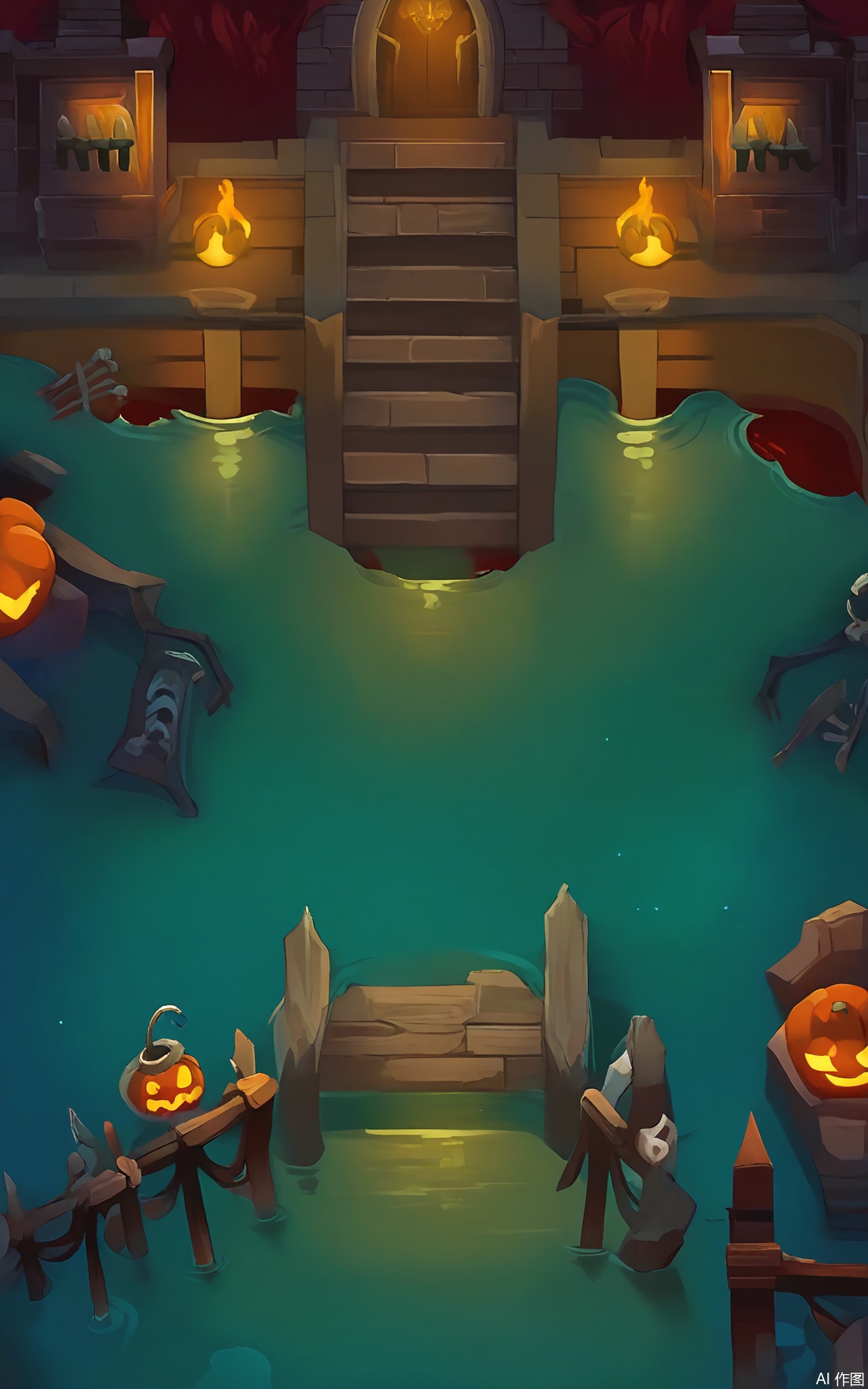 FSJ, A digital illustration of a top - down Halloween game scene. The central focus is a large, stone bridge over a river of blood. On either side of the bridge, there are two small, demon - bat - like creatures perched on the railings. The river is filled with floating, skeletal fish, and there are some old, broken boats in the water. There are also some red - glowing rocks along the riverbanks. The sky is a deep, dark red color, and the atmosphere is eerie and festive. The style is reminiscent of a children's Halloween book.
