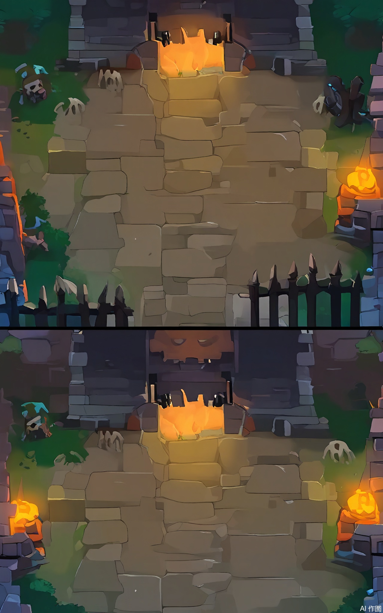 FSJ, A digital illustration of a top - down Halloween game scene. The central focus is a large, stone castle on a hill. On either side of the castle's drawbridge, there are two small, knight - ghost - like figures standing at attention. The area around the castle is filled with dense, thorny hedges, and blue - glowing torches are placed along the walls. There are also some old, rusty armor pieces lying on the ground. The sky is a deep, purple - black color, and the atmosphere is eerie and festive. The style is reminiscent of a children's Halloween book.
