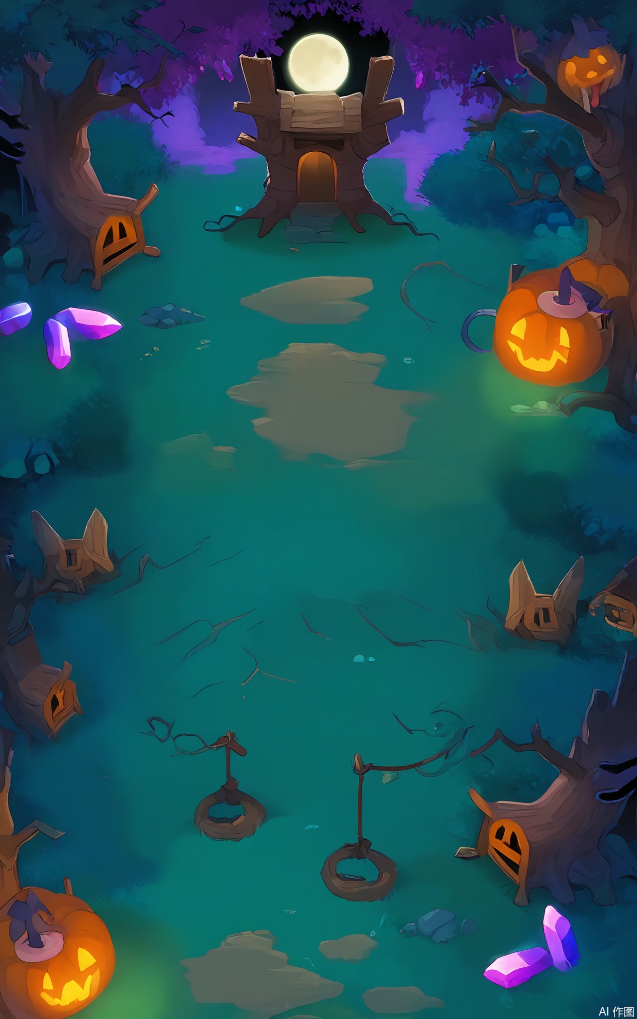 FSJ, A digital illustration of a top - down Halloween game scene. The central focus is a large, spooky treehouse in the middle of a dark forest. On either side of the treehouse, there are two small, werewolf - like creatures howling at the moon. The forest is filled with thick, tangled vines, and purple - glowing crystals are embedded in the tree trunks. There are also some old, abandoned birdhouses hanging from the branches. The sky is a deep, midnight blue with a large, full moon, and the atmosphere is eerie and festive. The style is reminiscent of a children's Halloween book.
