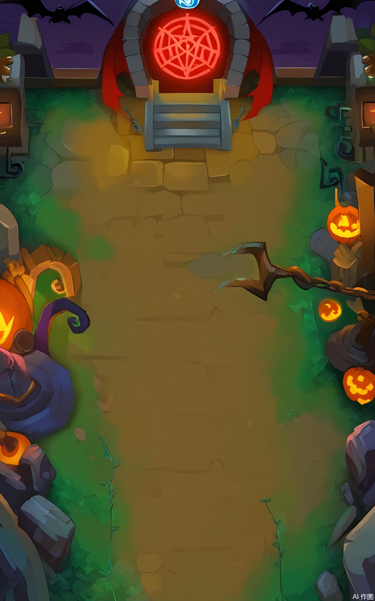 FSJ, A digital illustration of a top - down view of a spooky Halloween game setting. In the center, there's a large, stone archway leading to a mysterious realm. On either side of the archway, there are two small, demon - like figures guarding it. The area around the archway is filled with swirling, black smoke, and red - glowing runes are carved into the stones. There are also some old, broken chains lying on the ground. The sky is a dark, crimson color, and the overall mood is eerie and festive. The style is reminiscent of a children's Halloween book.
