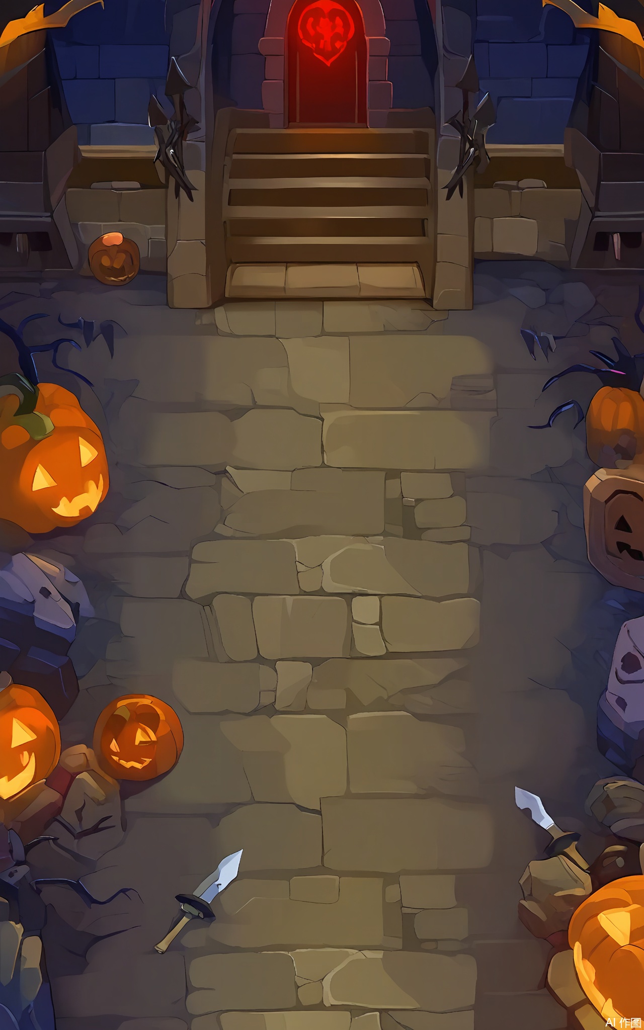 FSJ, A digital illustration of a top - down Halloween game scene. The centerpiece is a long, stone staircase leading up to a haunted tower. On either side of the staircase, there are two small, vampire - like figures standing guard. The area around the tower is filled with dense, foggy mist, and red - glowing torches are placed along the staircase. There are also some old, broken swords lying on the ground. The sky is a deep, violet color, and the atmosphere is eerie and festive. The style is reminiscent of a children's Halloween book.
