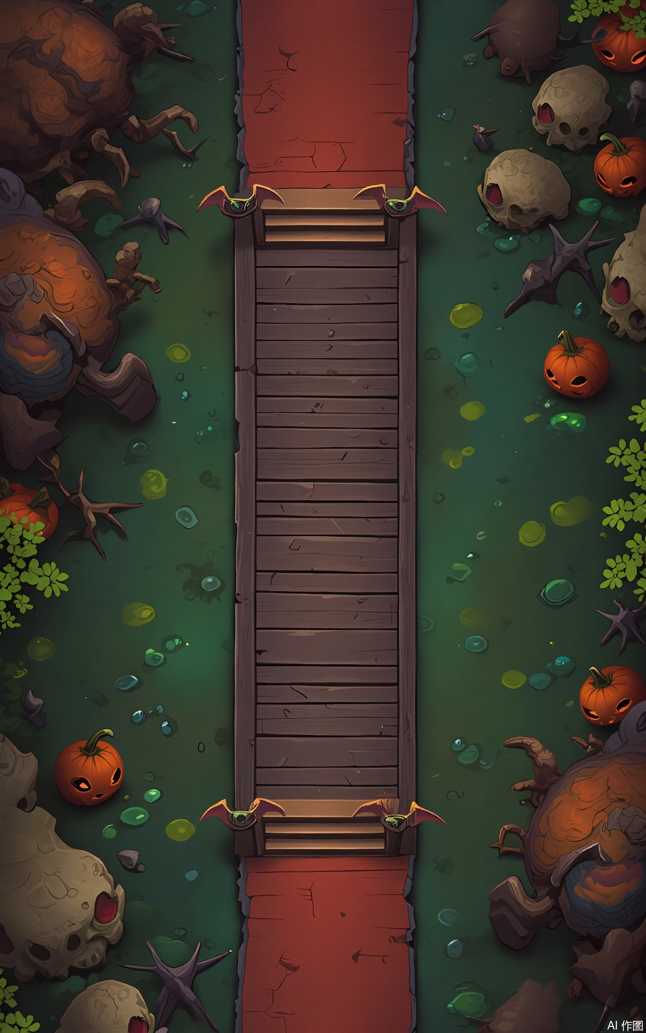 FSJ, A digital illustration of a top - down view of a spooky Halloween game setting. The centerpiece is a long, wooden bridge crossing a murky swamp. On both sides of the bridge, there are two small, bat - like creatures perched on the railings. The swamp is filled with bubbling green sludge and floating skulls. Around the swamp, there are dense, thorny bushes, and red - eyed owls are hidden among them. The sky is a dark, blood - red color, and the overall vibe is both eerie and festive. The style is reminiscent of a children's Halloween book.