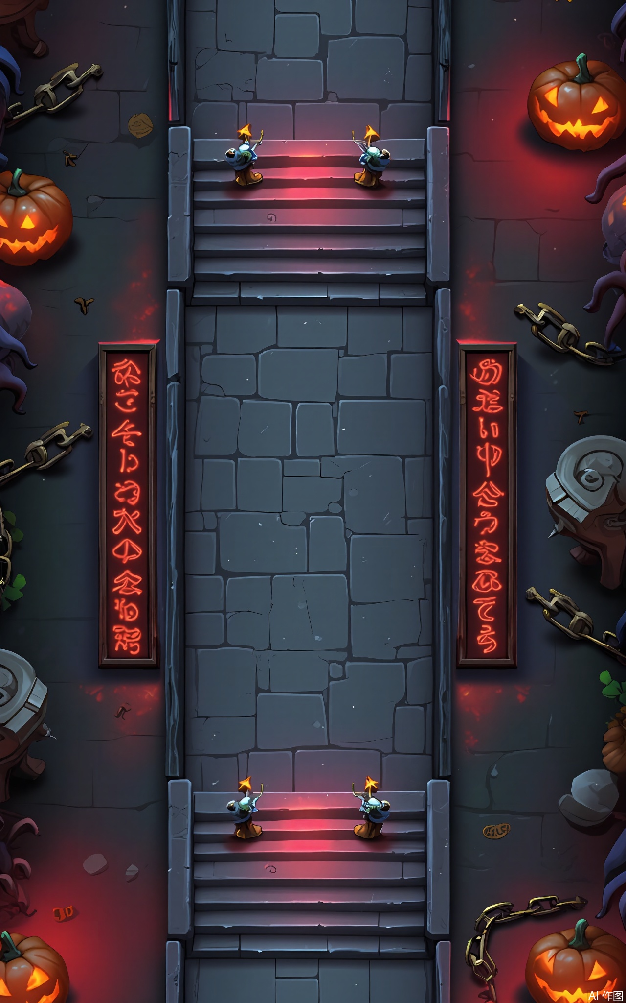 FSJ, A digital illustration of a top - down view of a spooky Halloween game setting. In the center, there's a large, stone archway leading to a mysterious realm. On either side of the archway, there are two small, demon - like figures guarding it. The area around the archway is filled with swirling, black smoke, and red - glowing runes are carved into the stones. There are also some old, broken chains lying on the ground. The sky is a dark, crimson color, and the overall mood is eerie and festive. The style is reminiscent of a children's Halloween book.
