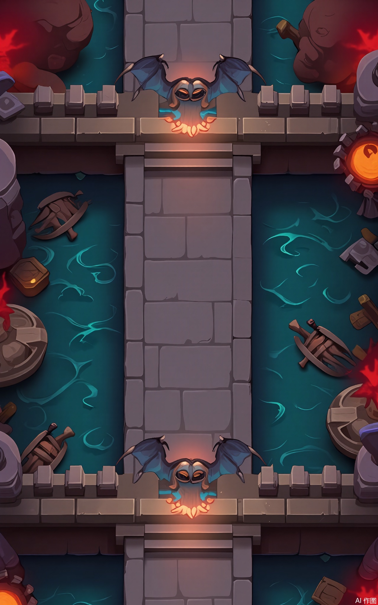 FSJ, A digital illustration of a top - down Halloween game scene. The central focus is a large, stone bridge over a river of blood. On either side of the bridge, there are two small, demon - bat - like creatures perched on the railings. The river is filled with floating, skeletal fish, and there are some old, broken boats in the water. There are also some red - glowing rocks along the riverbanks. The sky is a deep, dark red color, and the atmosphere is eerie and festive. The style is reminiscent of a children's Halloween book.