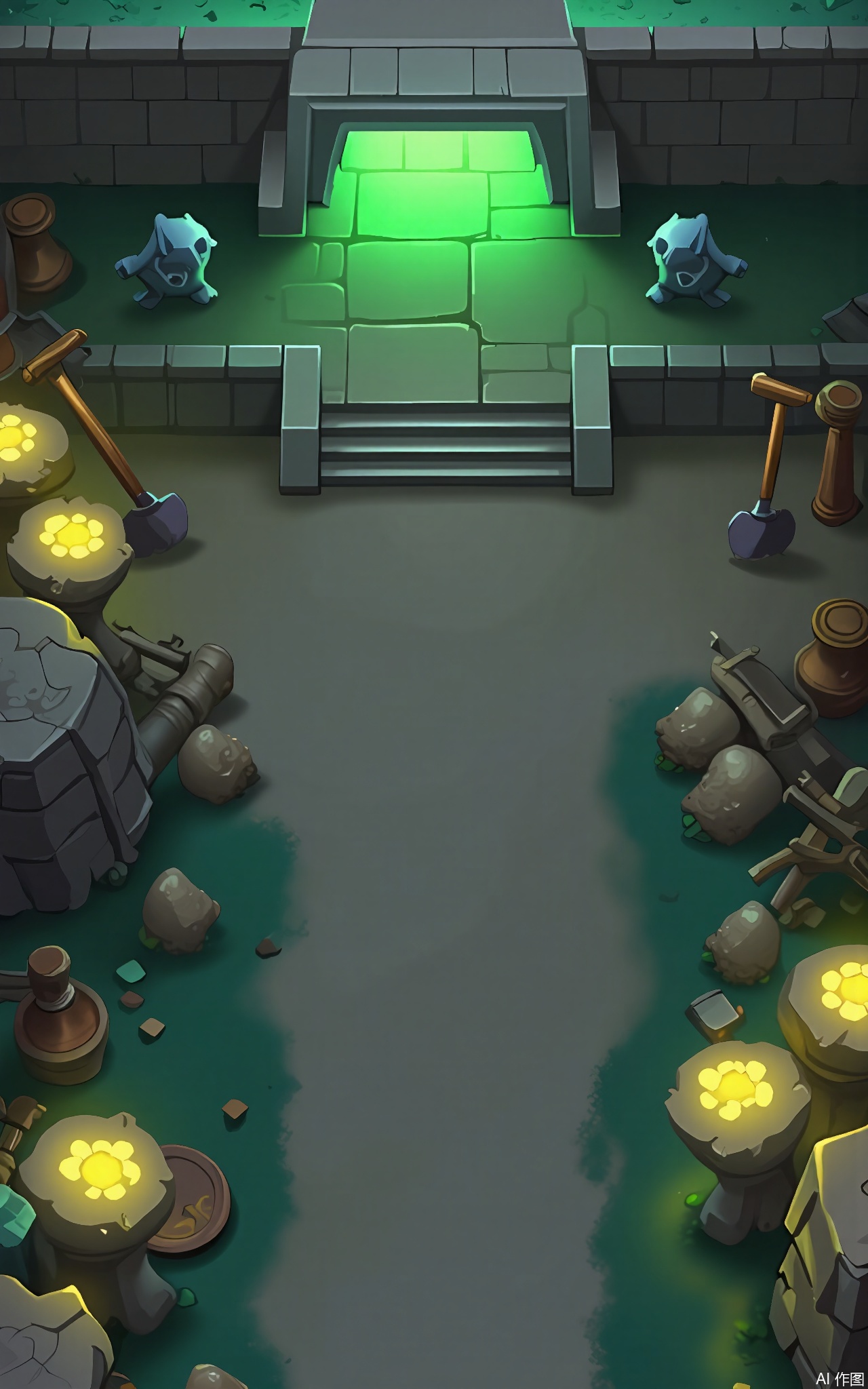 FSJ, A digital illustration of a top - down Halloween game scene. The centerpiece is a long, underground tunnel with a faint, green glow. On either side of the tunnel entrance, there are two small, mole - ghost - like creatures digging. The tunnel is filled with old, cobweb - covered bones and glowing mushrooms. There are also some old, rusty shovels and picks lying around. The sky is not visible as it's underground, but the walls have a dark, gray - green color, and the atmosphere is eerie and festive. The style is reminiscent of a children's Halloween book.