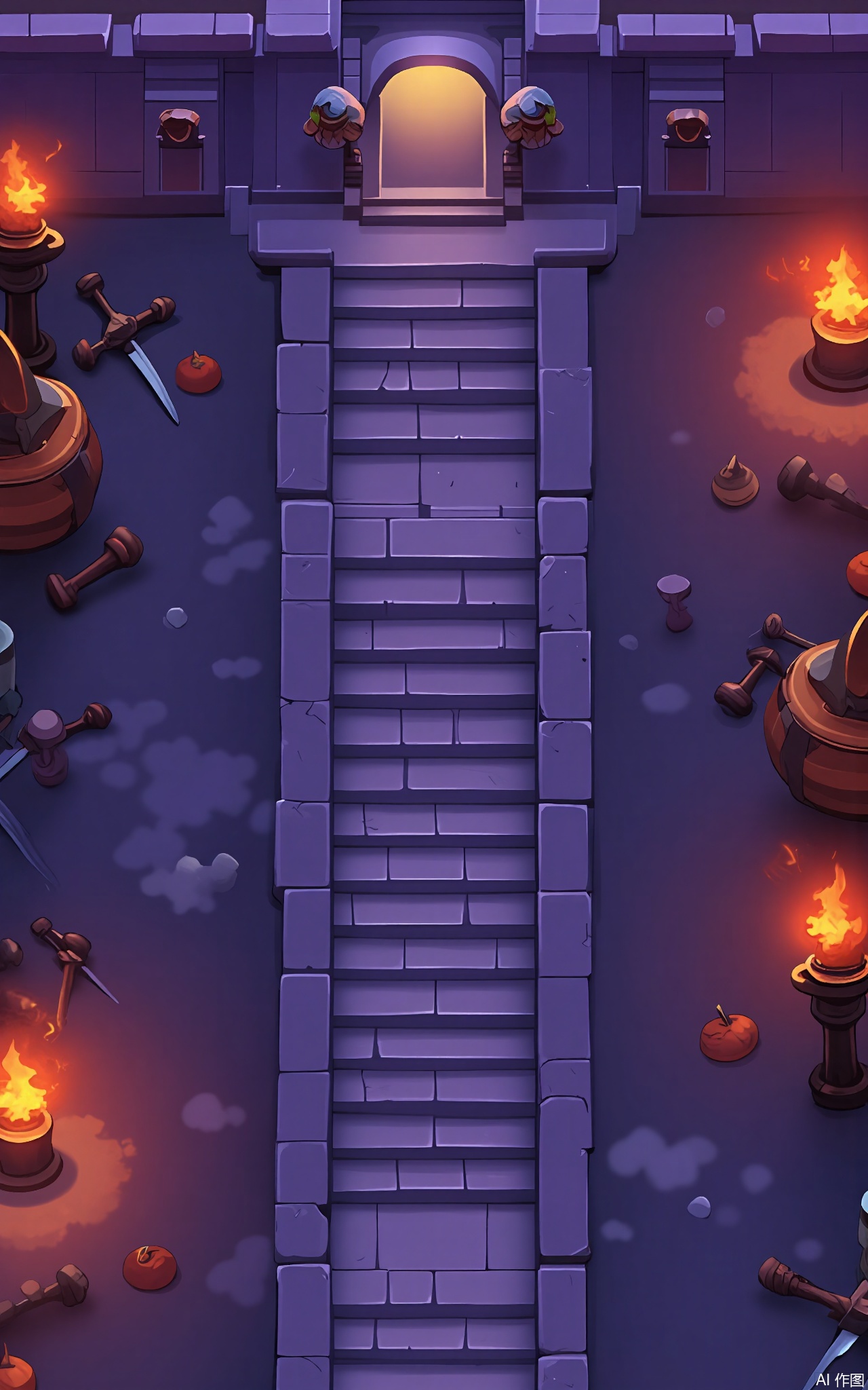 FSJ, A digital illustration of a top - down Halloween game scene. The centerpiece is a long, stone staircase leading up to a haunted tower. On either side of the staircase, there are two small, vampire - like figures standing guard. The area around the tower is filled with dense, foggy mist, and red - glowing torches are placed along the staircase. There are also some old, broken swords lying on the ground. The sky is a deep, violet color, and the atmosphere is eerie and festive. The style is reminiscent of a children's Halloween book.