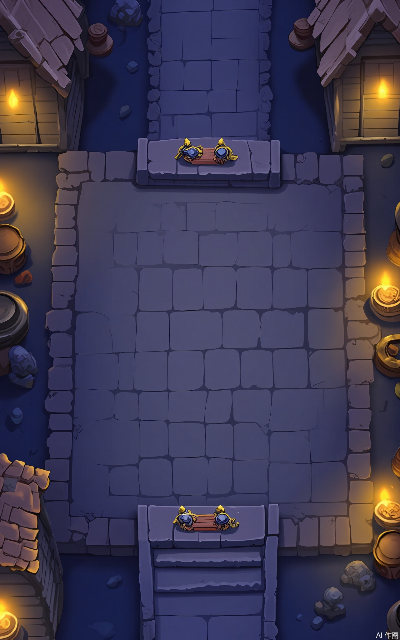 FSJ, A digital illustration of a top - down Halloween game scene. The central focus is a large, stone well in the middle of a deserted village square. On either side of the well, there are two small, goblin - like creatures peeking out from behind barrels. The square is surrounded by dilapidated houses with broken roofs. Yellow - glowing candles are placed in the windows of the houses, and there are some old, rusty lanterns on the ground. The sky is a deep, indigo color, and the atmosphere is eerie and festive. The style is reminiscent of a children's Halloween book.