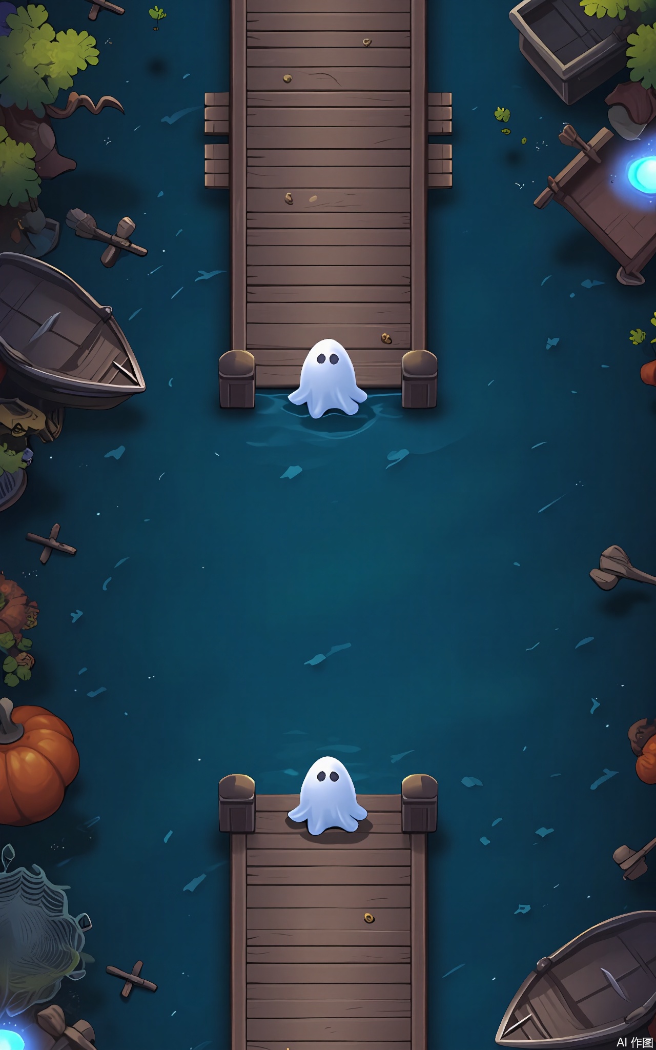 FSJ, A digital illustration of a top - down Halloween game scene. The centerpiece is a long, wooden pier extending into a dark lake. On either side of the pier, there are two small, water - ghost - like creatures rising out of the water. The lake is filled with floating, glowing orbs, and there are some old, sunken boats in the distance. There are also some fishing nets hanging from the pier. The sky is a deep, navy - blue color with a few faint stars, and the atmosphere is eerie and festive. The style is reminiscent of a children's Halloween book.