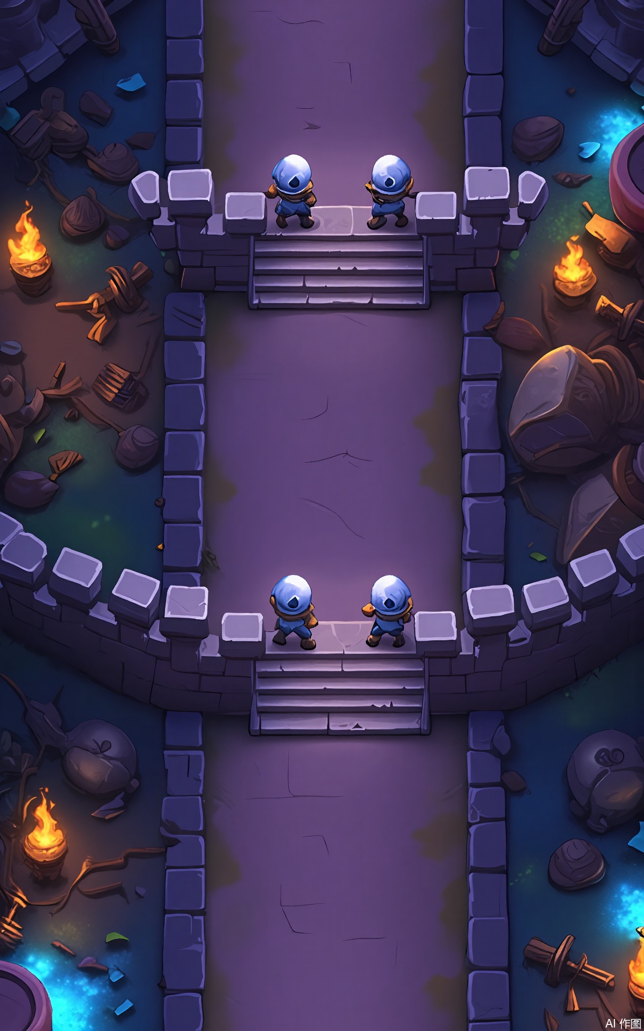 FSJ, A digital illustration of a top - down Halloween game scene. The central focus is a large, stone castle on a hill. On either side of the castle's drawbridge, there are two small, knight - ghost - like figures standing at attention. The area around the castle is filled with dense, thorny hedges, and blue - glowing torches are placed along the walls. There are also some old, rusty armor pieces lying on the ground. The sky is a deep, purple - black color, and the atmosphere is eerie and festive. The style is reminiscent of a children's Halloween book.
