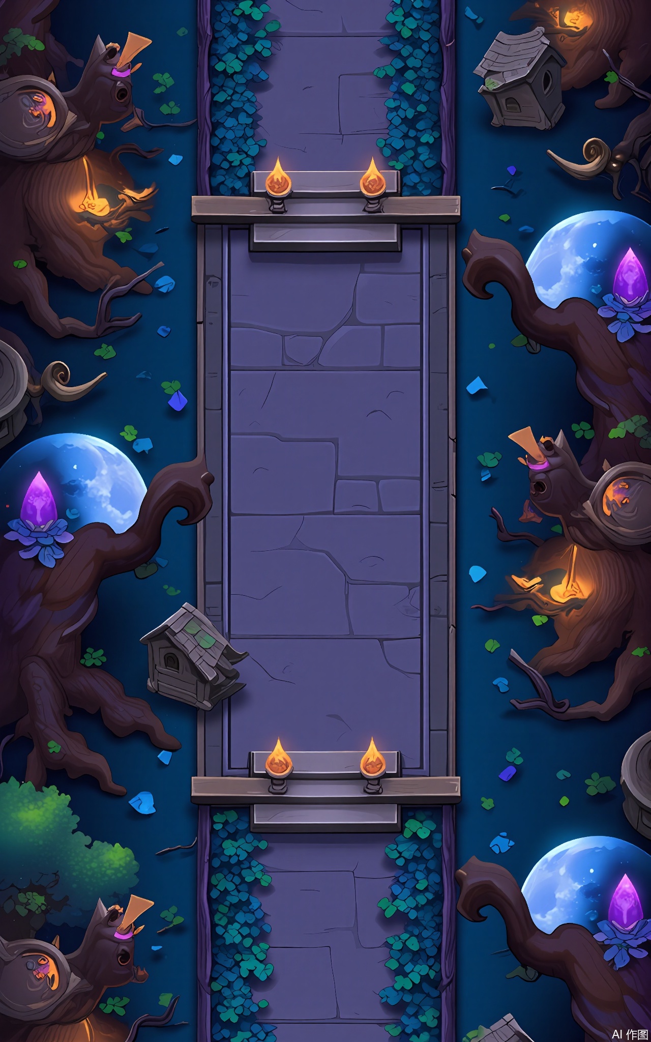 FSJ, A digital illustration of a top - down Halloween game scene. The central focus is a large, spooky treehouse in the middle of a dark forest. On either side of the treehouse, there are two small, werewolf - like creatures howling at the moon. The forest is filled with thick, tangled vines, and purple - glowing crystals are embedded in the tree trunks. There are also some old, abandoned birdhouses hanging from the branches. The sky is a deep, midnight blue with a large, full moon, and the atmosphere is eerie and festive. The style is reminiscent of a children's Halloween book.