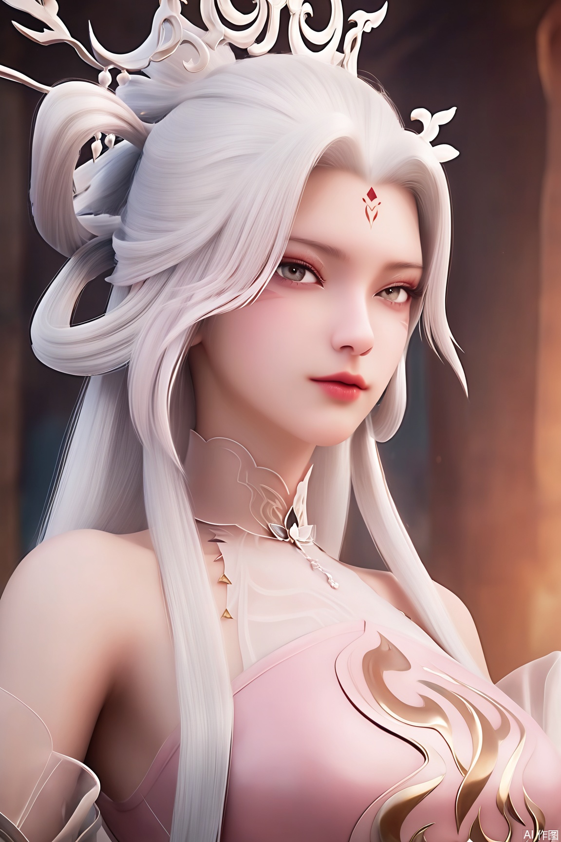 score_9_up,score_8_up,score_7_up,(Masterpiece, Best Quality, High Resolution, 8K Raw),absurdres, highres, Expressiveh, 
1girl, solo, long hair, looking at viewer, hair ornament, dress, bare shoulders, upper body, white hair, white dress, facial mark, hair rings, forehead mark, pink dress