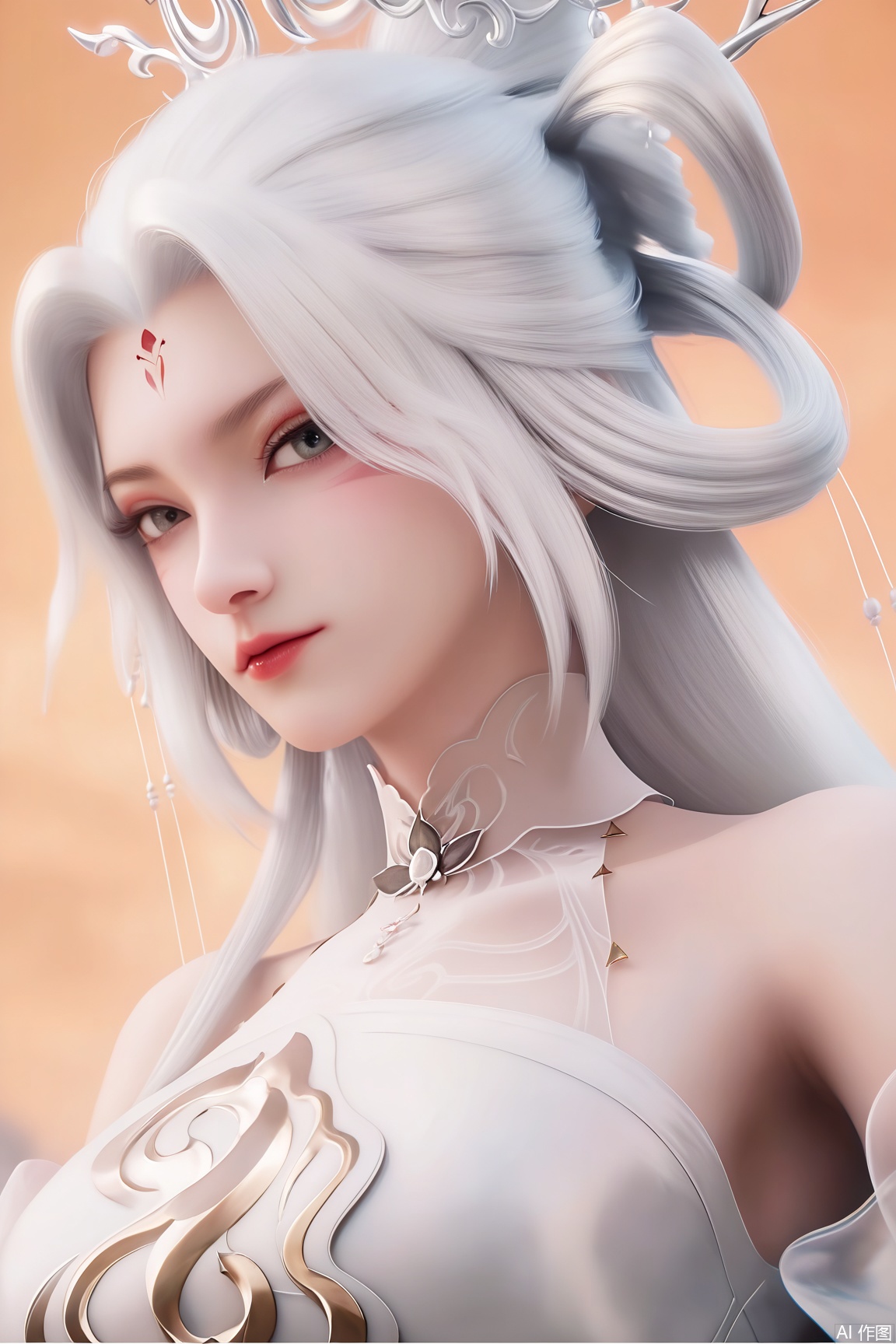 score_9_up,score_8_up,score_7_up,(Masterpiece, Best Quality, High Resolution, 8K Raw),absurdres, highres, Expressiveh, 
1girl, solo, long hair, looking at viewer, hair ornament, dress, bare shoulders, upper body, white hair, white dress, facial mark, hair rings, forehead mark, 