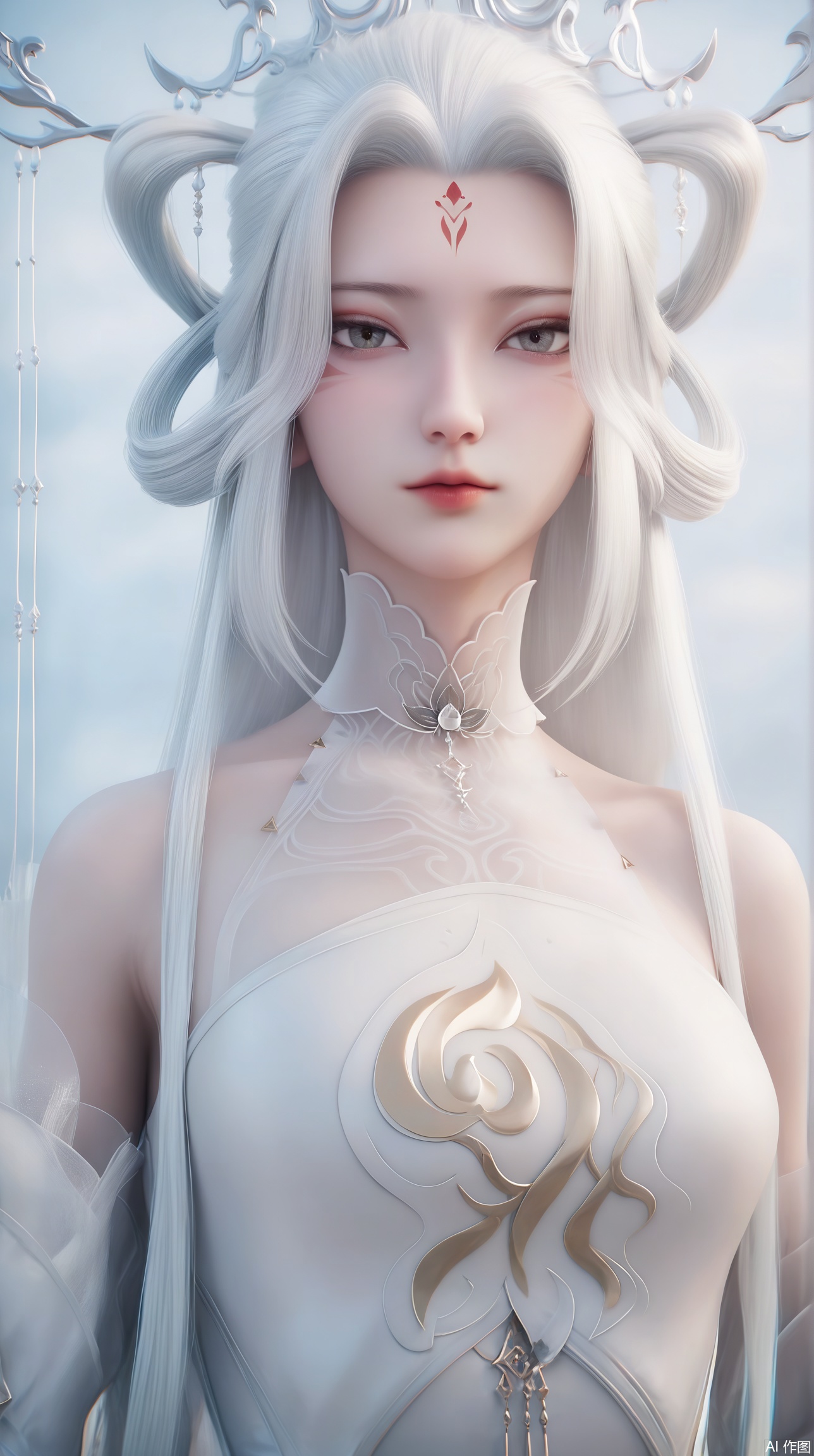 score_9_up,score_8_up,score_7_up,(Masterpiece, Best Quality, High Resolution, 8K Raw),absurdres, highres, Expressiveh, 
1girl, solo, long hair, looking at viewer, hair ornament, dress, bare shoulders, white hair, white dress, facial mark, hair rings, forehead mark, 