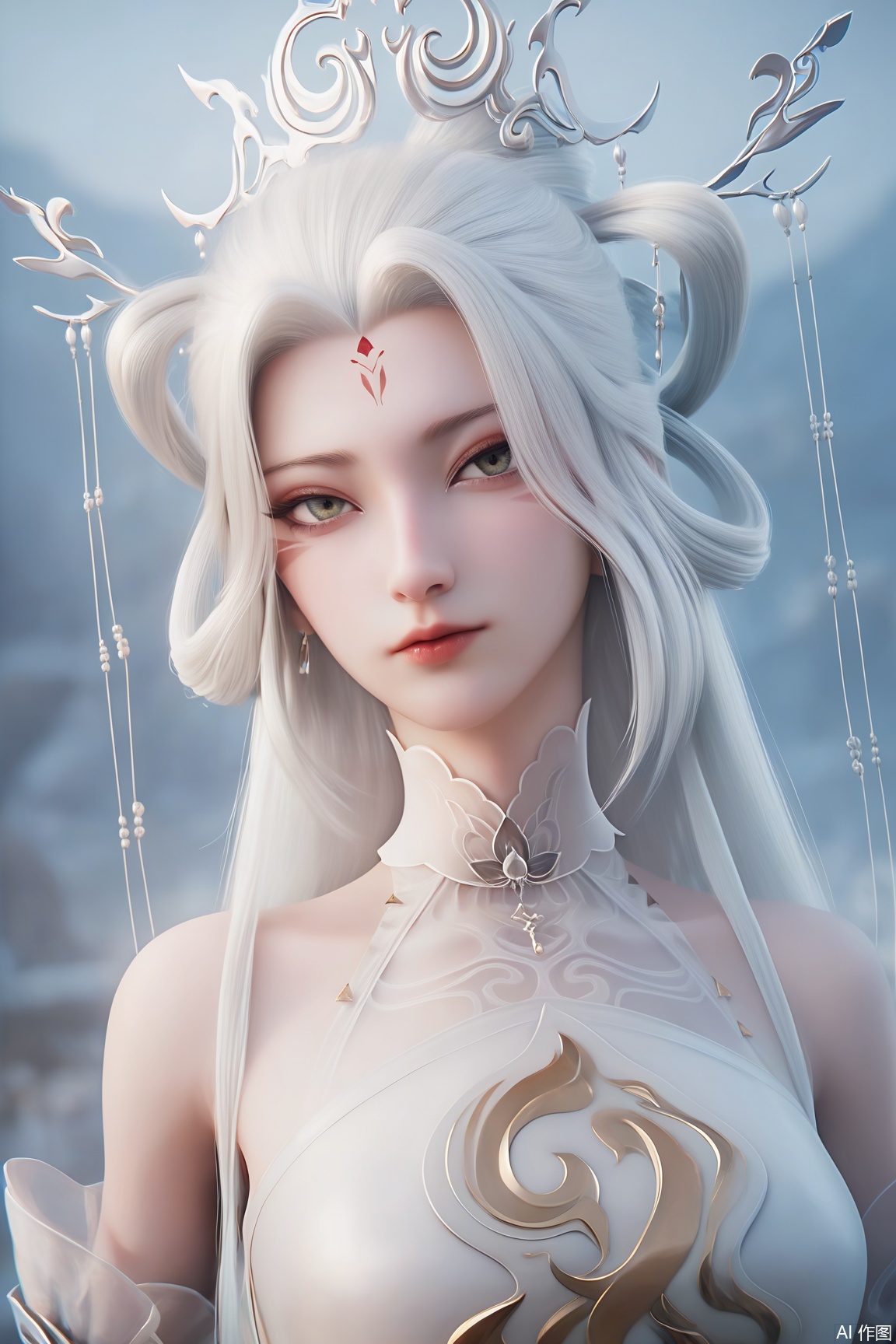 score_9_up,score_8_up,score_7_up,(Masterpiece, Best Quality, High Resolution, 8K Raw),absurdres, highres, Expressiveh, 
1girl, solo, long hair, looking at viewer, hair ornament, dress, bare shoulders, white hair, white dress, facial mark, hair rings, forehead mark, 