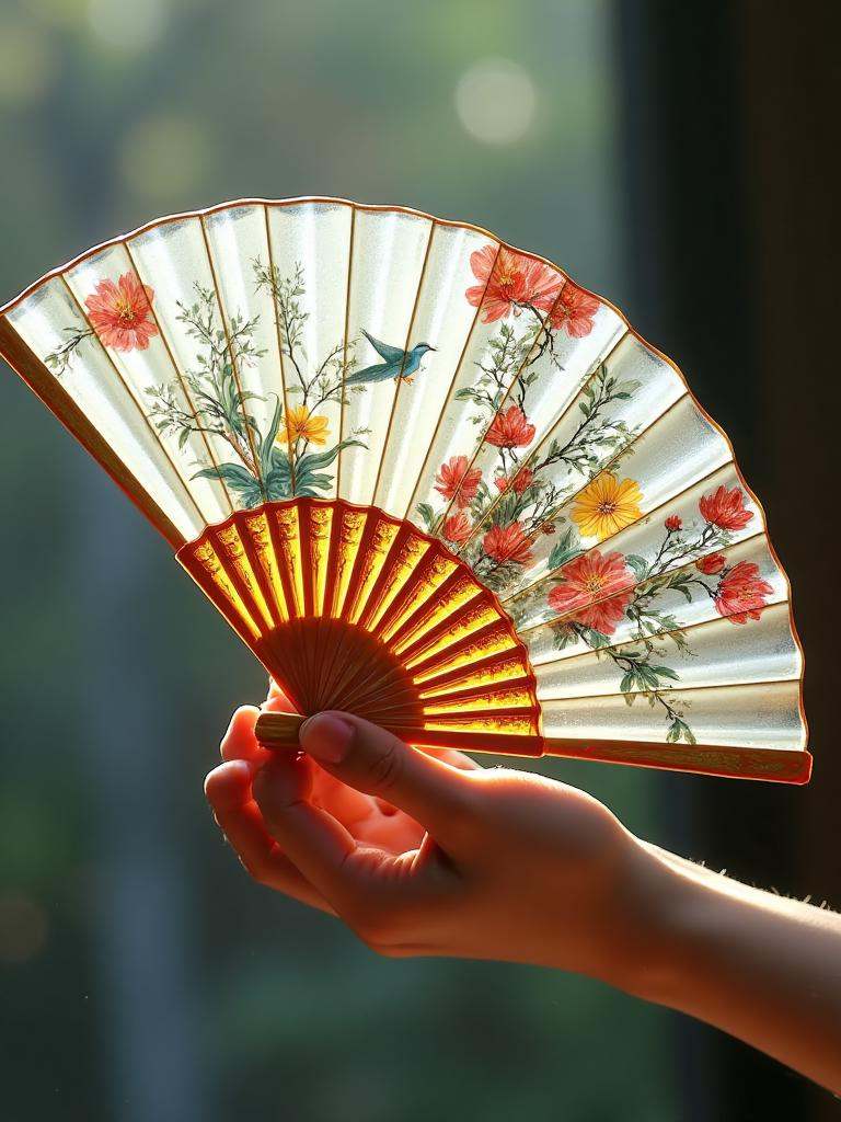 XLiquidGlassMaterial, An oriental folding fan made of liquid glass, the fan surface is as transparent as colored glaze. The painted patterns of flowers and birds faintly appear within the glass, with colors flowing as the angle changes. The fan bones turn into semi - transparent amber glass, with a soft warm light on the edges. When opening and closing, it's as if flowing time changes in the hand.