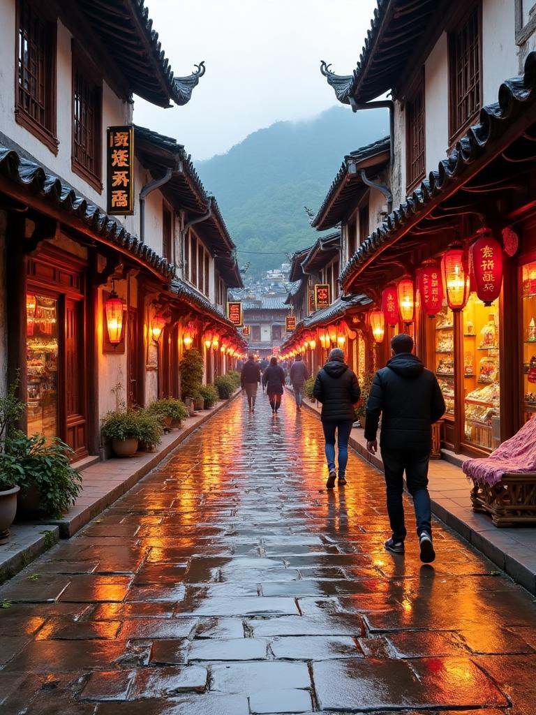 XLiquidGlassMaterial, The Sifang Street in Lijiang Ancient Town, with the stone - paved road turned into transparent Apple Liquid Glass. The traditional Naxi architecture on both sides of the street, with its wooden structure simulated by liquid glass, shows a combination of warm amber color and transparent texture. The shop signs become colorful in the reflection of the liquid glass, and the figures of pedestrians form interesting reflections on the glass ground.