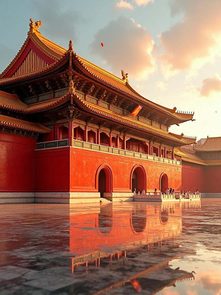 XLiquidGlassMaterial, The Hall of Supreme Harmony in the Forbidden City, entirely wrapped in Apple's Liquid Glass material. When sunlight shines, the glass surface refracts colorful lights. The glazed tiles on the roof turn into flowing golden liquid, and the auspicious beasts at the eaves seem to be dancing vividly in the liquid glass. The red palace walls become semi - transparent crimson glass, exuding a soft halo.