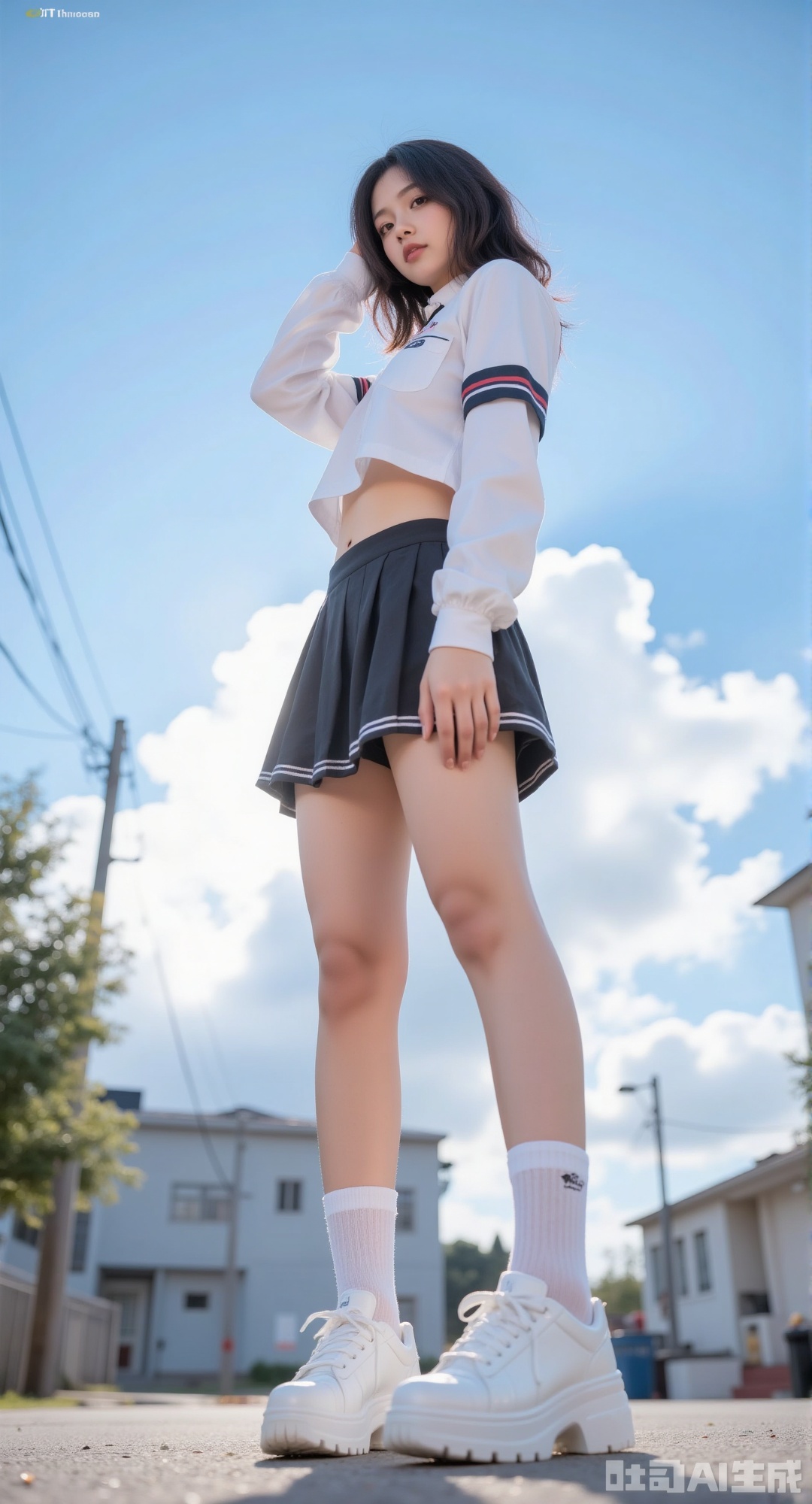 1girl, solo, short hair, skirt, long sleeves, standing, outdoors, sky, shoes, shorts, day, socks, cloud, dark skin, dark-skinned female, tree, blue sky, legs, white socks,supper long legs