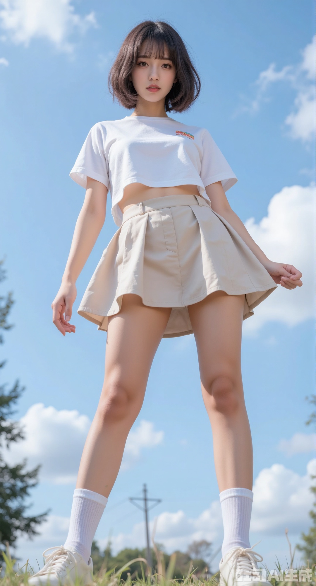 1girl, solo, short hair, skirt, long sleeves, standing, outdoors, sky, shoes, shorts, day, socks, cloud, dark skin, dark-skinned female, tree, blue sky, legs, white socks