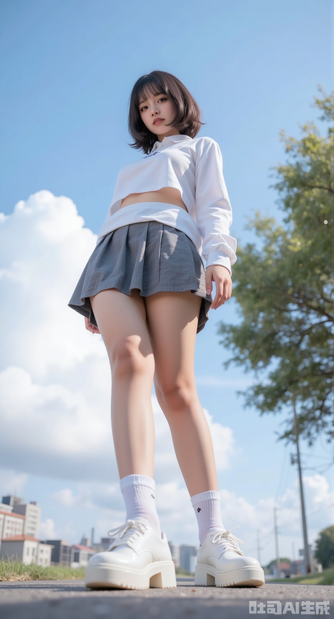 1girl, solo, short hair, skirt, long sleeves, standing, outdoors, sky, shoes, shorts, day, socks, cloud, dark skin, dark-skinned female, tree, blue sky, legs, white socks