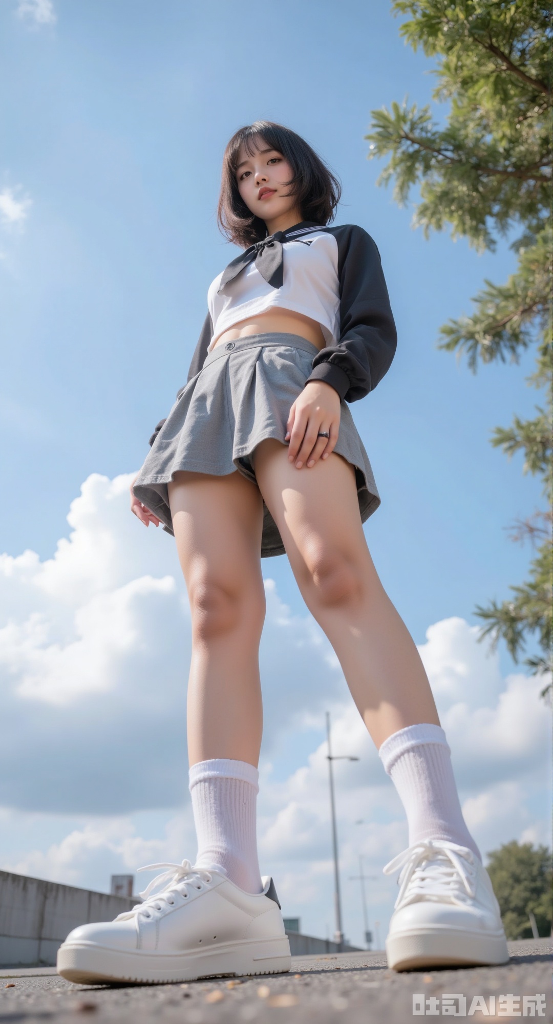 1girl, solo, short hair, skirt, long sleeves, standing, outdoors, sky, shoes, shorts, day, socks, cloud, dark skin, dark-skinned female, tree, blue sky, legs, white socks,supper long legs