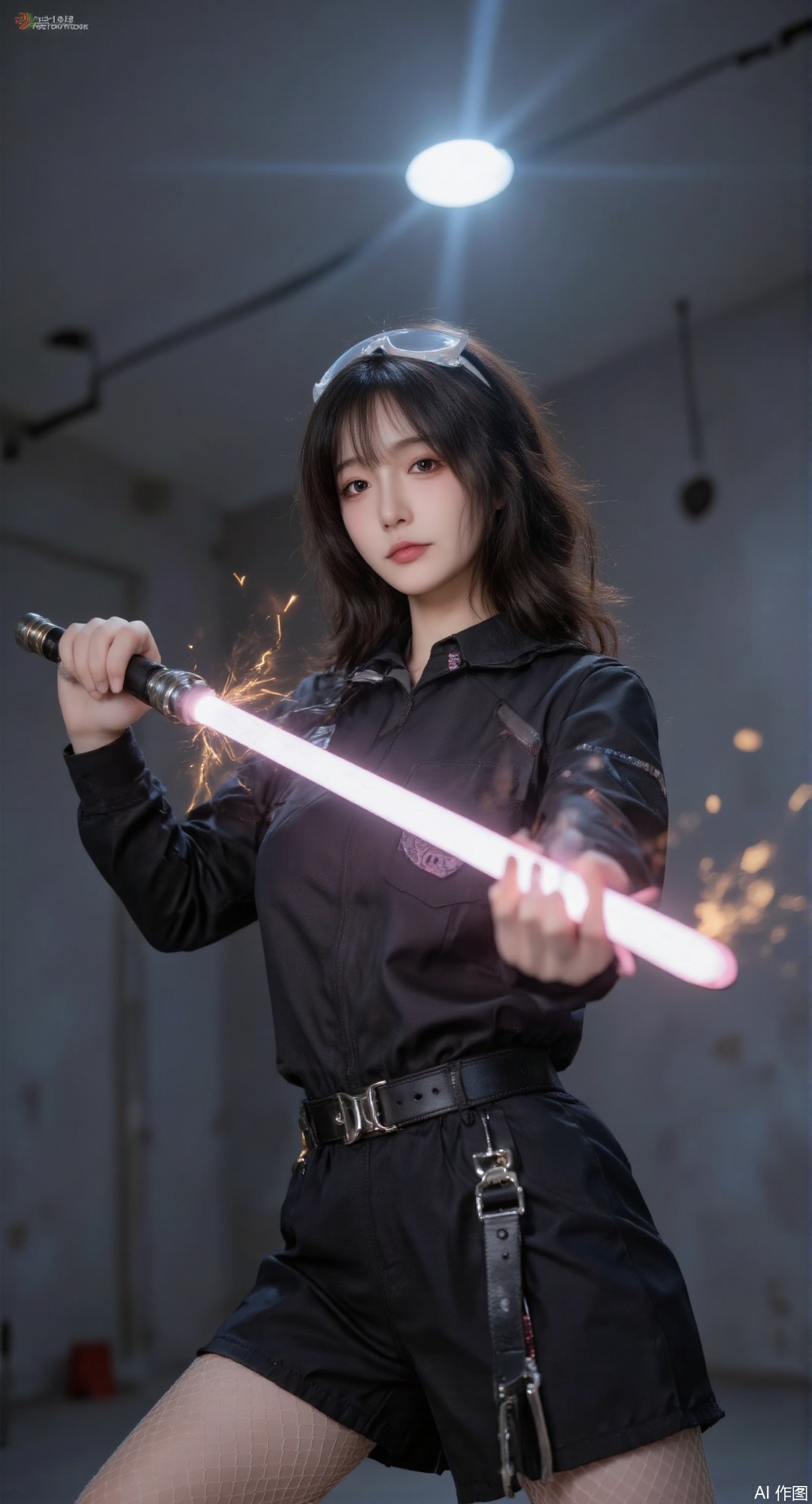 Overhead angle of a girl in a black JK uniform wearing tactical goggles, a lightsaber sheath attached to her waist. She strikes a combat pose with her right hand activating a magenta lightsaber that emits a translucent energy halo. Tiny energy sparks splash from the blade's edge, leaving golden trails in the dark underground arena. A blue spotlight shines from above, highlighting her sharp profile and the lightsaber's vibrant glow. Low-saturation color palette, motion blur enhancing dynamic tension, Unreal Engine 5-level visual quality.