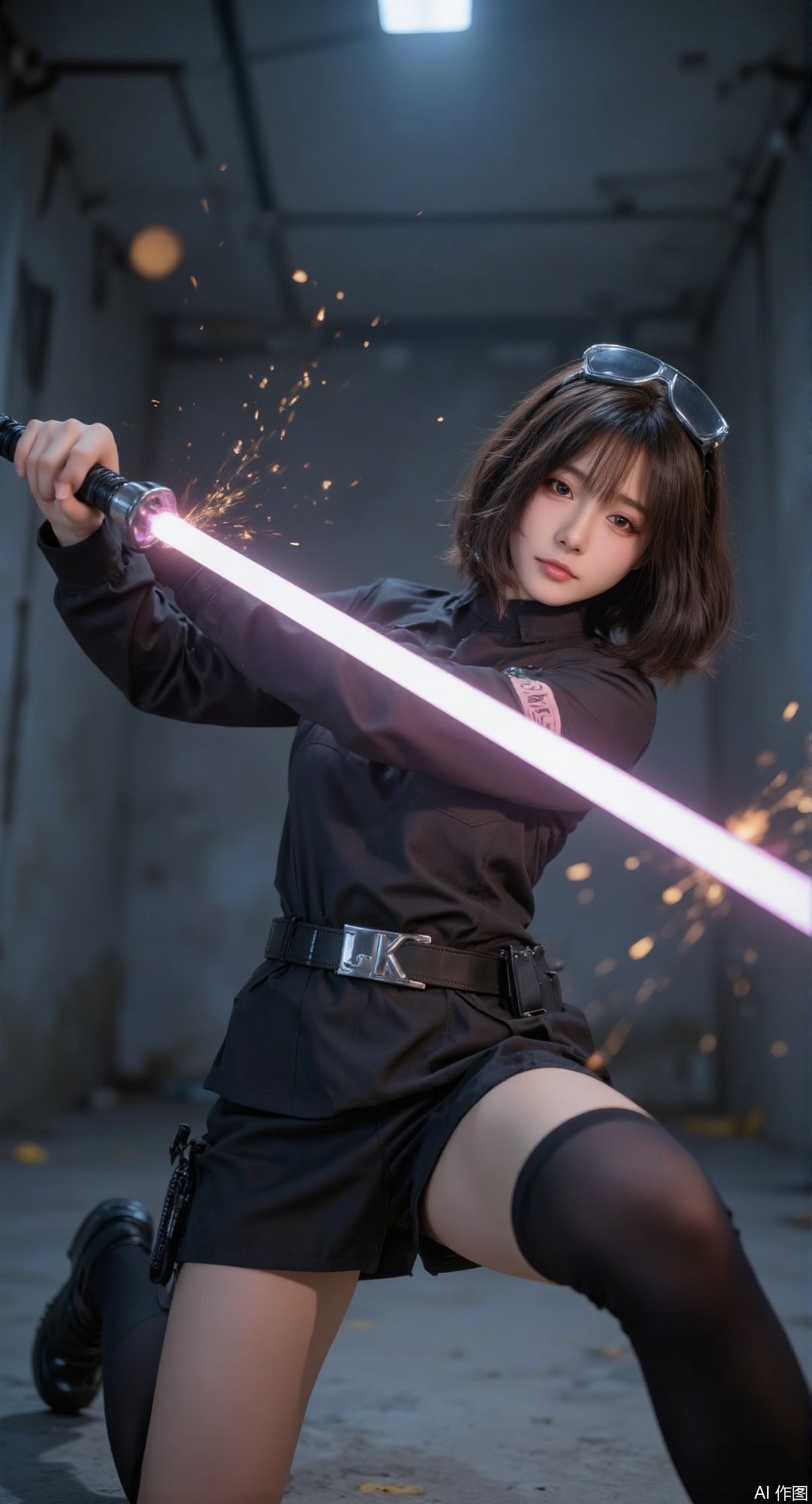 Overhead angle of a girl in a black JK uniform wearing tactical goggles, a lightsaber sheath attached to her waist. She strikes a combat pose with her right hand activating a magenta lightsaber that emits a translucent energy halo. Tiny energy sparks splash from the blade's edge, leaving golden trails in the dark underground arena. A blue spotlight shines from above, highlighting her sharp profile and the lightsaber's vibrant glow. Low-saturation color palette, motion blur enhancing dynamic tension, Unreal Engine 5-level visual quality.