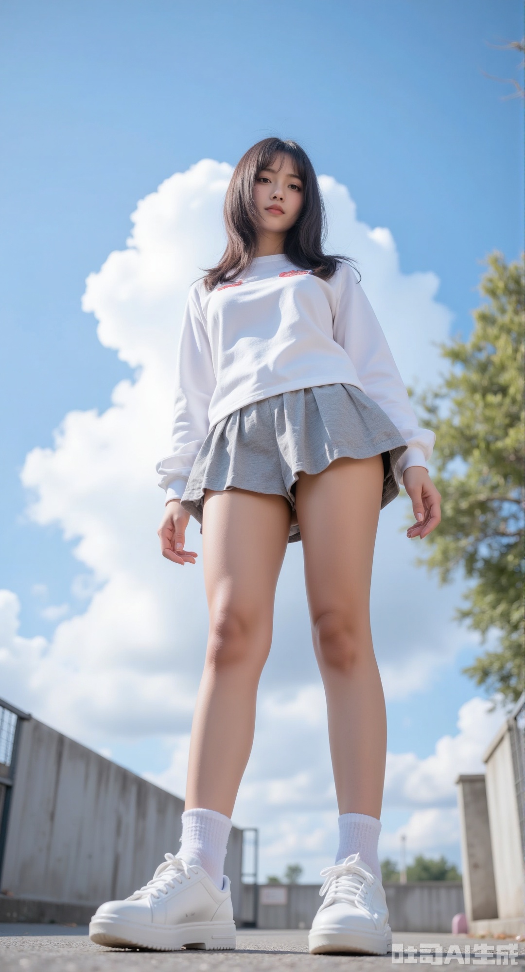 1girl, solo, short hair, skirt, long sleeves, standing, outdoors, sky, shoes, shorts, day, socks, cloud, dark skin, dark-skinned female, tree, blue sky, legs, white socks
