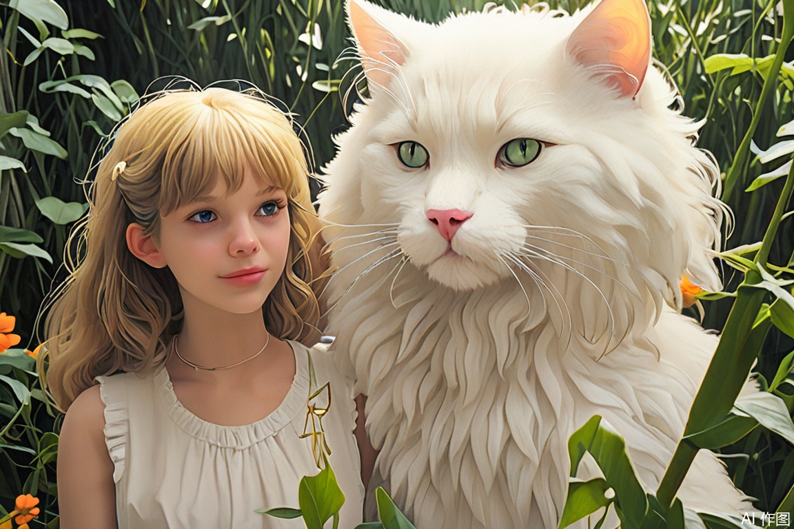 White cat and girl, giant animals