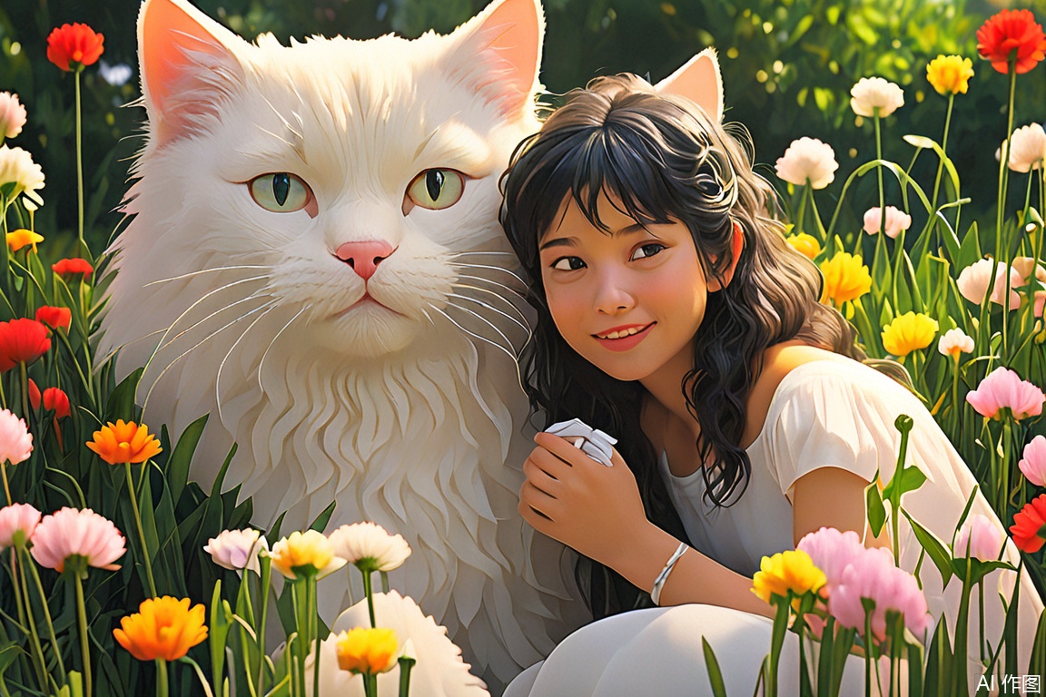 White cat and girl, giant animals