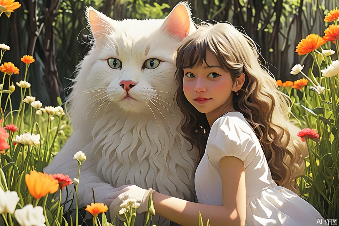 White cat and girl, giant animals