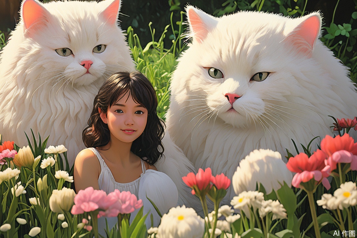 White cat and girl, giant animals