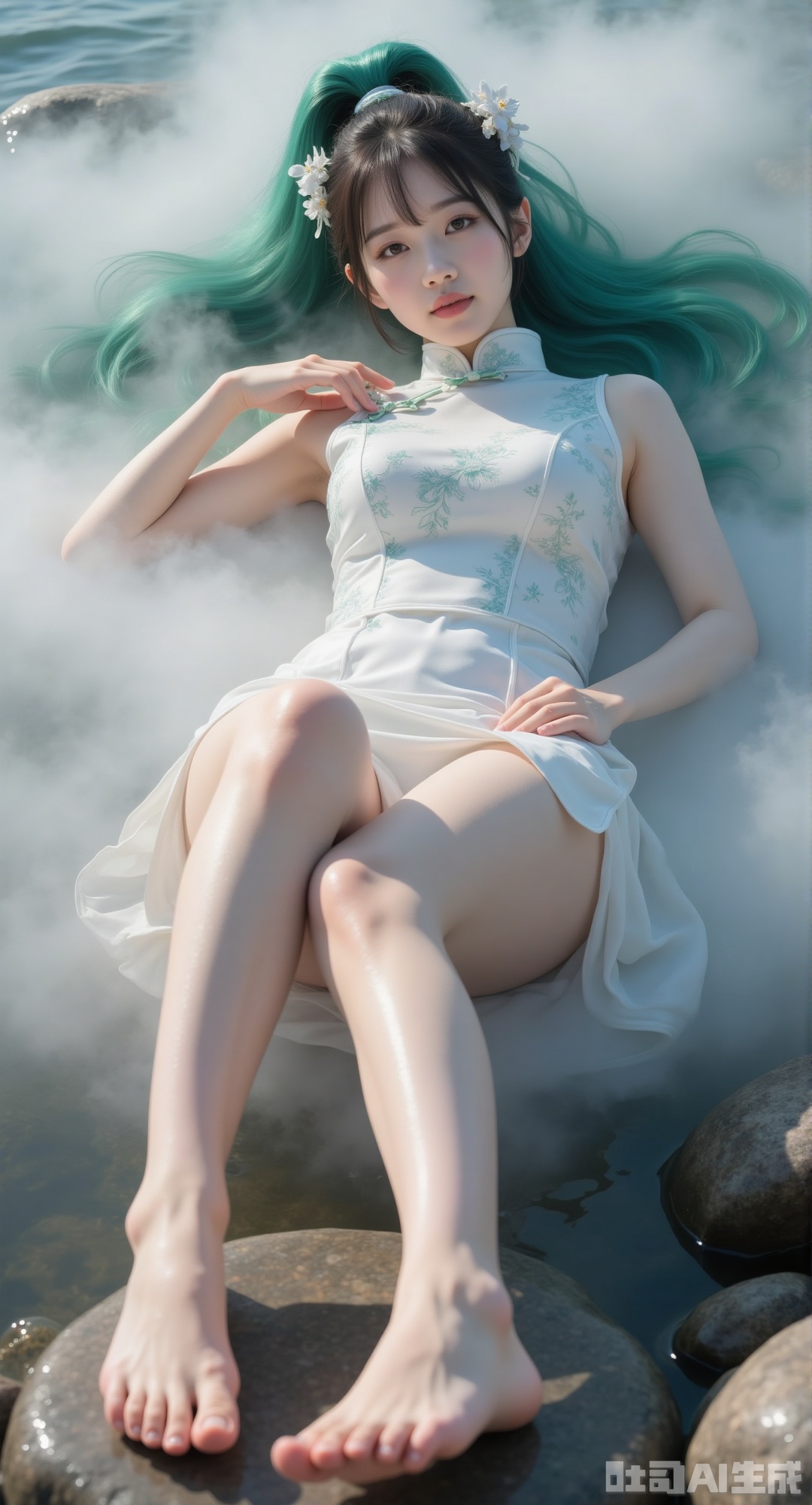 The picture style is "movie photo", proportion "9:16" proportion "9:16" A woman lay quietly on the ground, showing her charming thighs in a generous manner. Her long green ponytail hair is as soft as silk, hanging down to the ground, her eyes shining brightly, like bright stars. The woman was wearing a white Chinese-style top, with exquisite embroidered patterns blooming on it, showing her elegant charm, and thick white smoke was wrapped around her body. Her feet naturally lay flat forward, her jade feet are small and exquisite, and her toes are round and cute, which is pitying. On the thighs, thin blue veins appeared faintly. Although the body was slightly fat, it had a unique plump beauty. The woman lies barefoot, her legs are fair and smooth, and her plump lines are tight and graceful, exuding charm. The sun shines on the legs and shines on the skin.
The stones by the sea are shrouded in smoke, wrapping the body, like a fairyland. Under the film level light, the filming was shot at low angles, with heavy fog and thick smoke, and the woman was in the smoke. The whole picture presents a dreamy effect, with smoke rolling, like a movie photo. This picture has a unique style, the background light creates a deep atmosphere, the metallic luster adds texture, the outline light outlines the graceful figure of a woman, long exposure makes the picture more delicate, and HDR technology makes the colors richer and more vivid