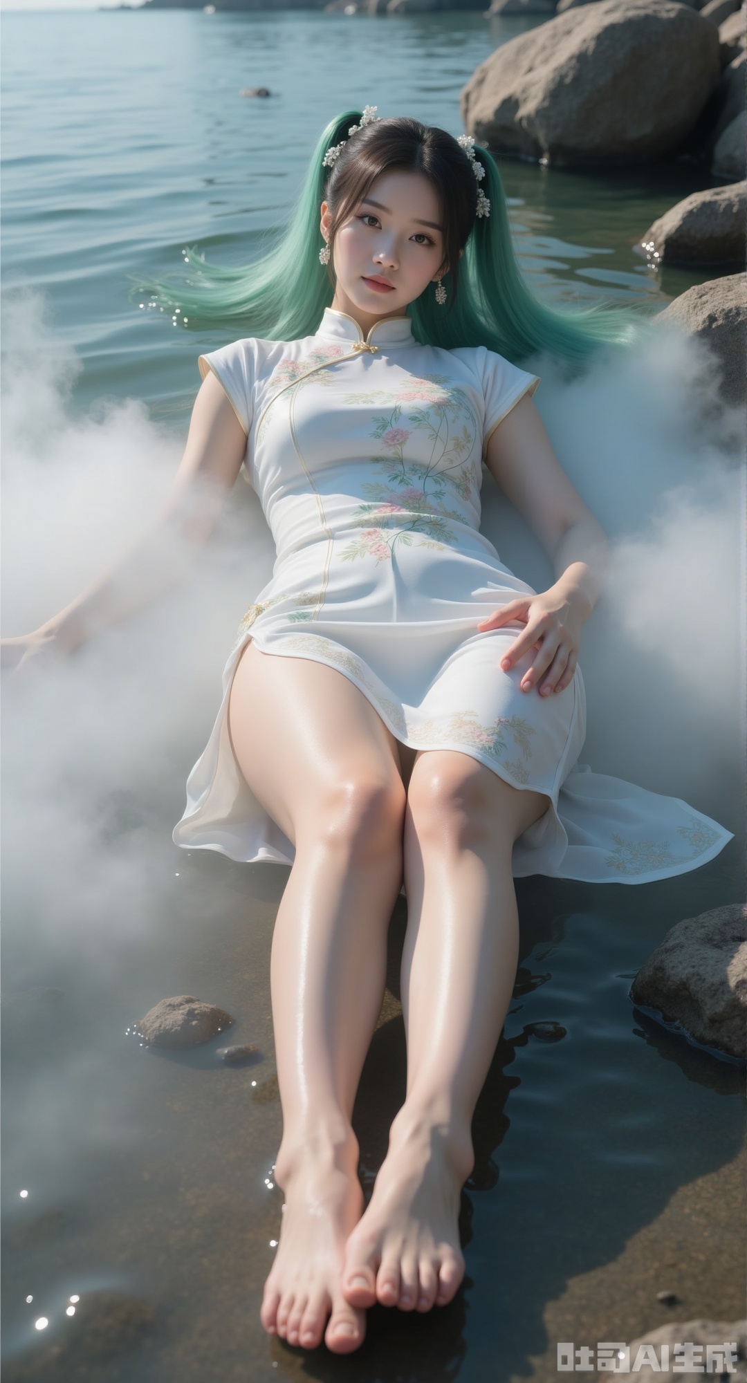 The picture style is "movie photo", proportion "9:16" proportion "9:16" A woman lay quietly on the ground, showing her charming thighs in a generous manner. Her long green ponytail hair is as soft as silk, hanging down to the ground, her eyes shining brightly, like bright stars. The woman was wearing a white Chinese-style top, with exquisite embroidered patterns blooming on it, showing her elegant charm, and thick white smoke was wrapped around her body. Her feet naturally lay flat forward, her jade feet are small and exquisite, and her toes are round and cute, which is pitying. On the thighs, thin blue veins appeared faintly. Although the body was slightly fat, it had a unique plump beauty. The woman lies barefoot, her legs are fair and smooth, and her plump lines are tight and graceful, exuding charm. The sun shines on the legs and shines on the skin.
The stones by the sea are shrouded in smoke, wrapping the body, like a fairyland. Under the film level light, the filming was shot at low angles, with heavy fog and thick smoke, and the woman was in the smoke. The whole picture presents a dreamy effect, with smoke rolling, like a movie photo. This picture has a unique style, the background light creates a deep atmosphere, the metallic luster adds texture, the outline light outlines the graceful figure of a woman, long exposure makes the picture more delicate, and HDR technology makes the colors richer and more vivid