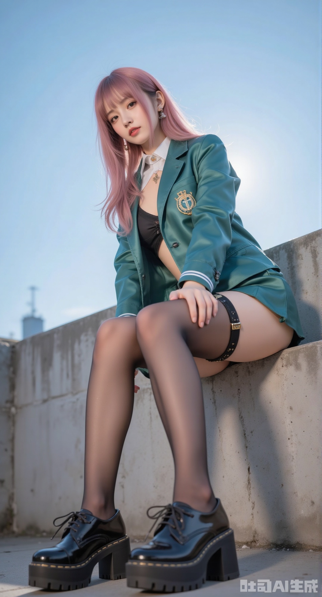 Best quality,masterpiece,ultra high res,(photorealistic:1.4),raw photo,(a 18-year-old girl), 1girl,solo,,short pink hair,The flowing hair looks casual and relaxed,jewelry,bangs,looking at viewer,,closedmouth,,super long legs,skinny,(pantyhose:1.3), mini short Emerald green satin skirt,jk uniform,sssr,blue Contrast of light and shadow, blue sun shining on the face, tights, stockings and bodysuit, Thick soled Stylish LED-lit shoes,A girl ,Legs apart,Split legs,She is wearing a form - fitting deep green jacket that tastefully reveals her cleavage. On her hands are delicate gloves, and on her legs are glossy black thigh - high stockings, creating an alluring zettai ryouiki with the skin of her thighs. The stockings are adorned with delicate garter straps.She is wearing a form - fitting white silk blouse that tastefully reveals her cleavage. On her hands are delicate gloves, and on her legs are glossy black thigh - high stockings, creating an alluring zettai ryouiki with the skin of her thighs. The stockings are adorned with delicate garter straps.shoot a low angle


