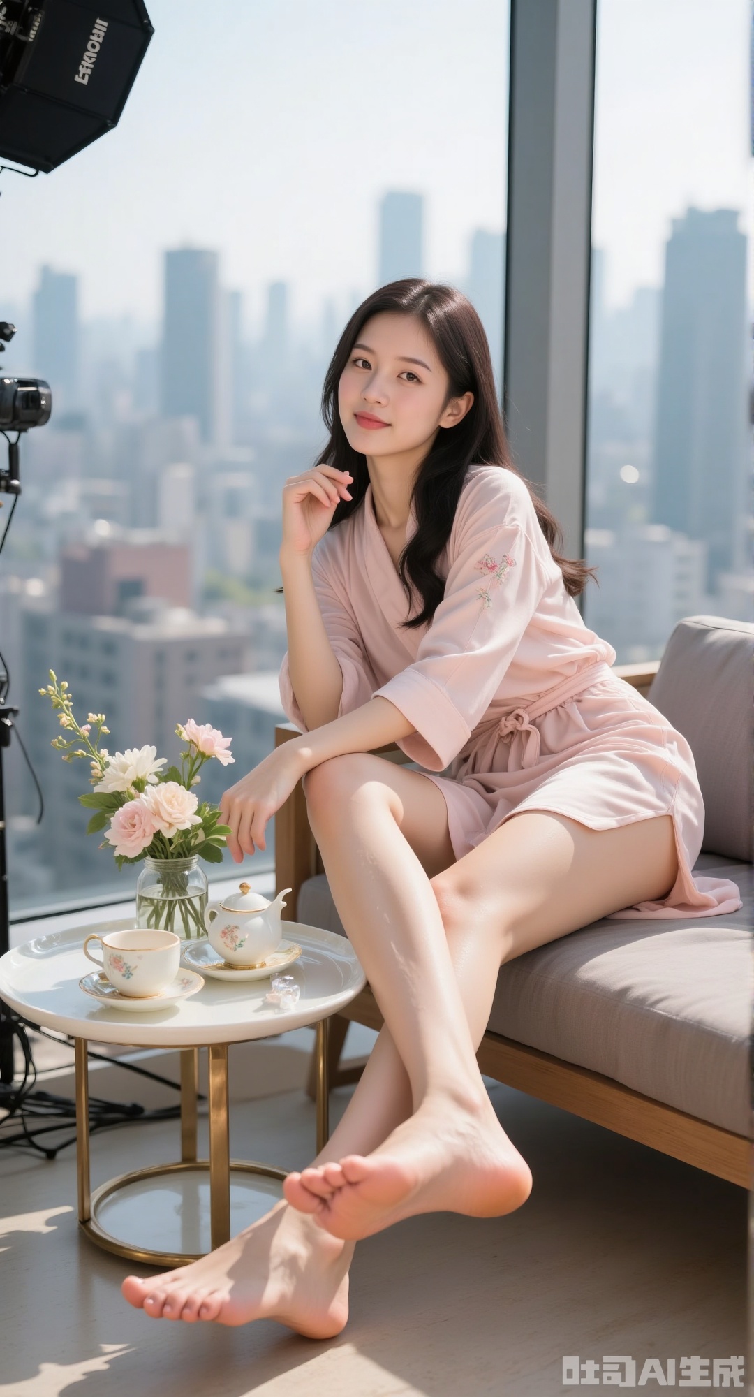 - Window: On the high-rise, the cityscape outside the window is open and the window has good light, which can create a bright and natural shooting effect and give people a sense of openness and relaxation. At the same time, the view outside the window can enrich the level of the picture and artistic conception.
​
- Interior furnishings: There are photography lights and other equipment, indicating that they are specially arranged shooting scenes; the tea sets, green plants and flowers on the small table next to them create an elegant and comfortable atmosphere and enhance the style of the picture. The woman in the picture is wearing a light pink bathrobe, black silk and black sandals, and is in an indoor window scene with the city view outside the window. Judging from the layout, there are photography lights and other equipment, which may be in photography creation. The following is from element analysis:
 
Character dress
 
- Bathrobe: The material is soft, the light pink tone conveys a soft and lazy atmosphere, and the small embroidery on the chest adds a sense of exquisiteness. Generally, bathrobes are commonly found in private relaxing scenes such as home and hotels, and are often used to create a casual and casual shooting style.
​
- Black silk and sandals: Black silk has the effect of modifying the leg lines and adding sexy meaning; when paired with simple sandals, it shows a sense of fashion and exquisiteness. This combination is often used in occasions where fashion photography or mature charm is displayed.