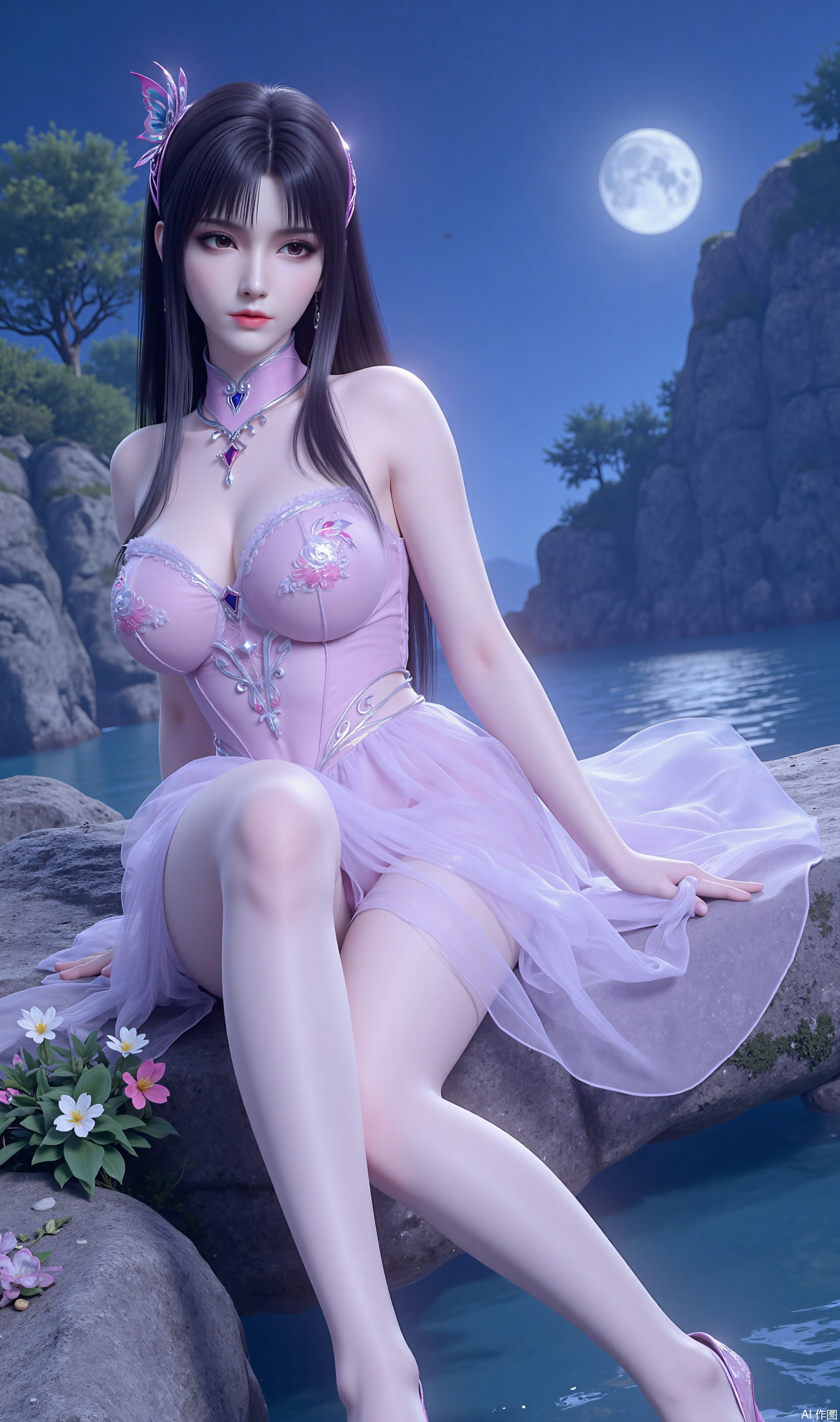 Ultra Clear, Wallpaper, 8K, Masterpiece, Masterpiece, Best Quality, High Quality, Color, Hair Accessories, Extra Long Legs , high-heeled sandals, earrings, black hair, light 1girl,solo, eyes,hair ornament,dress,sitting,full body,flower,sky,water, dress,high heels,tree,bare legs,night,moon,bug,butterfly,night sky,black hair,Tutu Aurora 8D Pantyhose,plns_high heels,embossed high heels,LS,Xhuangnv,wet pantyhose,xyx,xiaoyixian,cy,charming legs